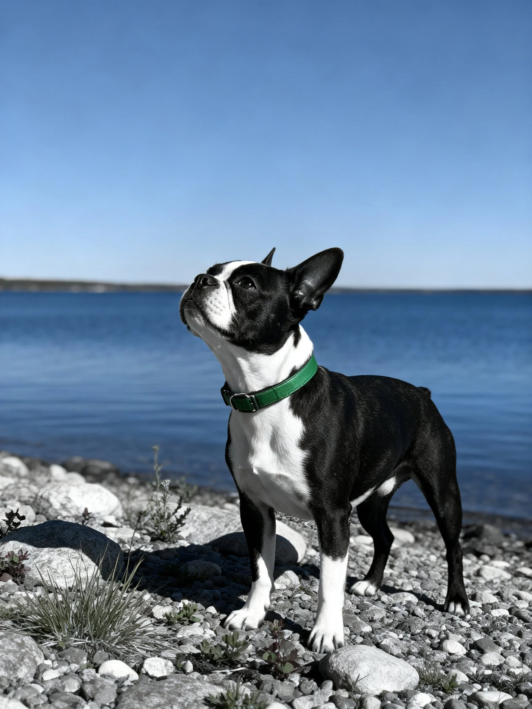 A black and white Boston Terrier with a green collar stands by calm blue water
