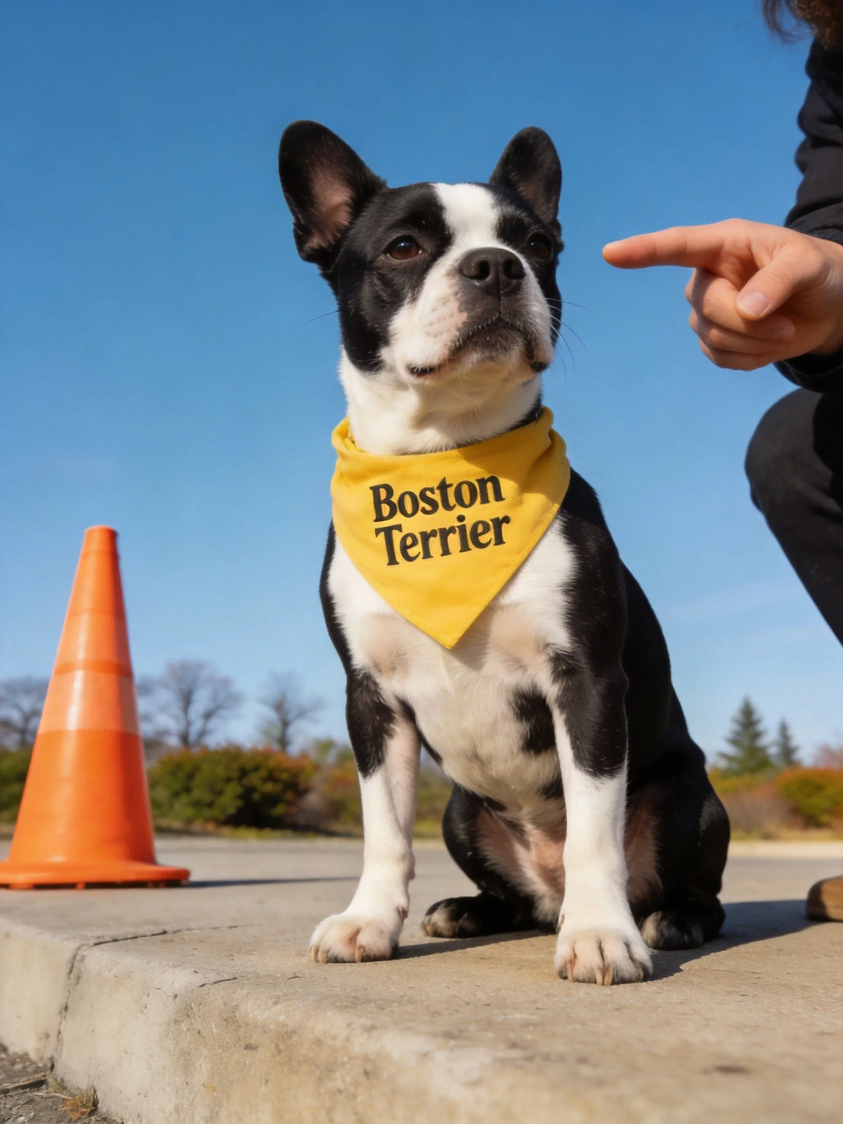 A Boston Terrier sits calmly near an orange cone as someone points toward it.