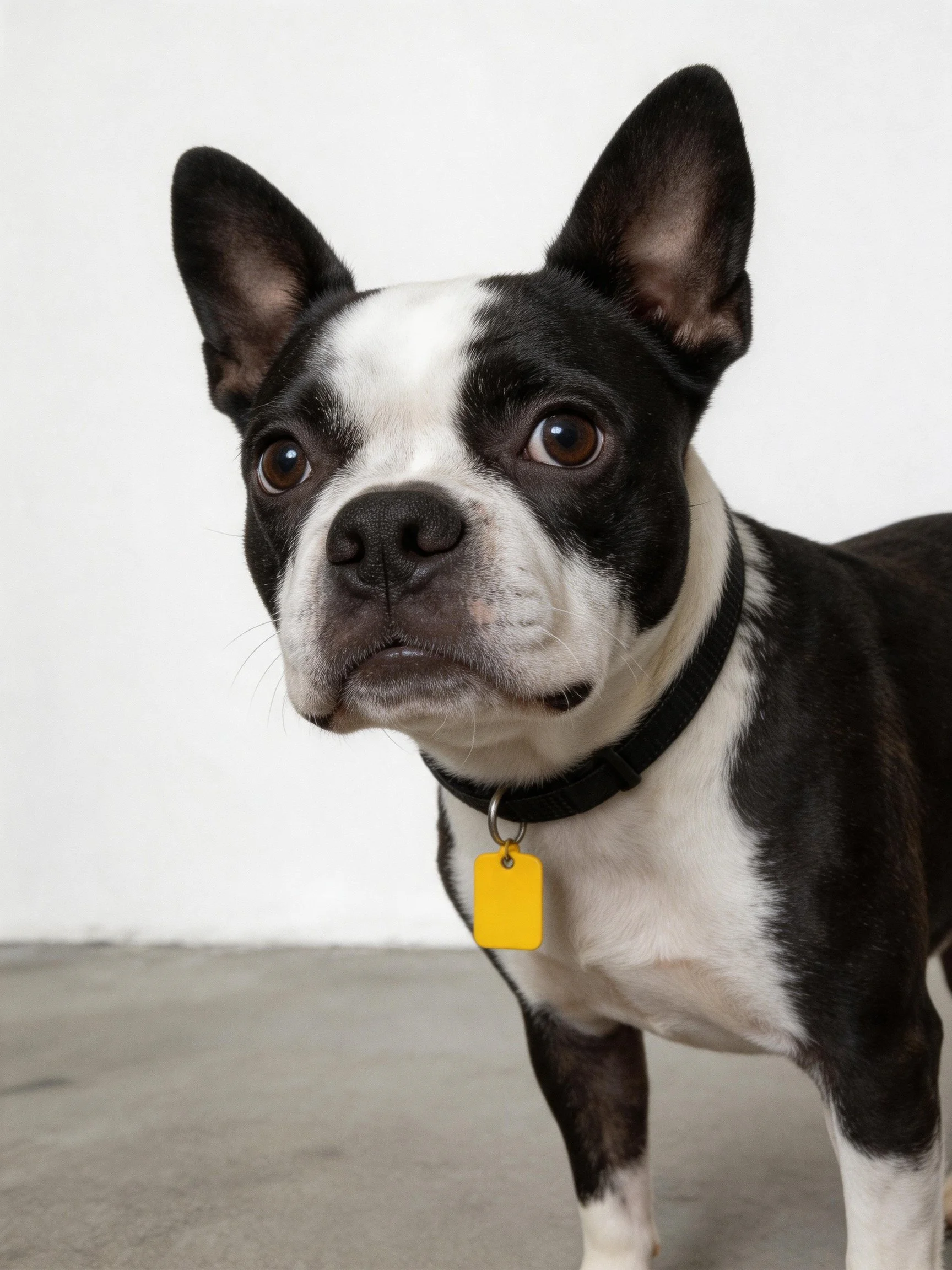 A black and white Boston Terrier with a yellow collar tag