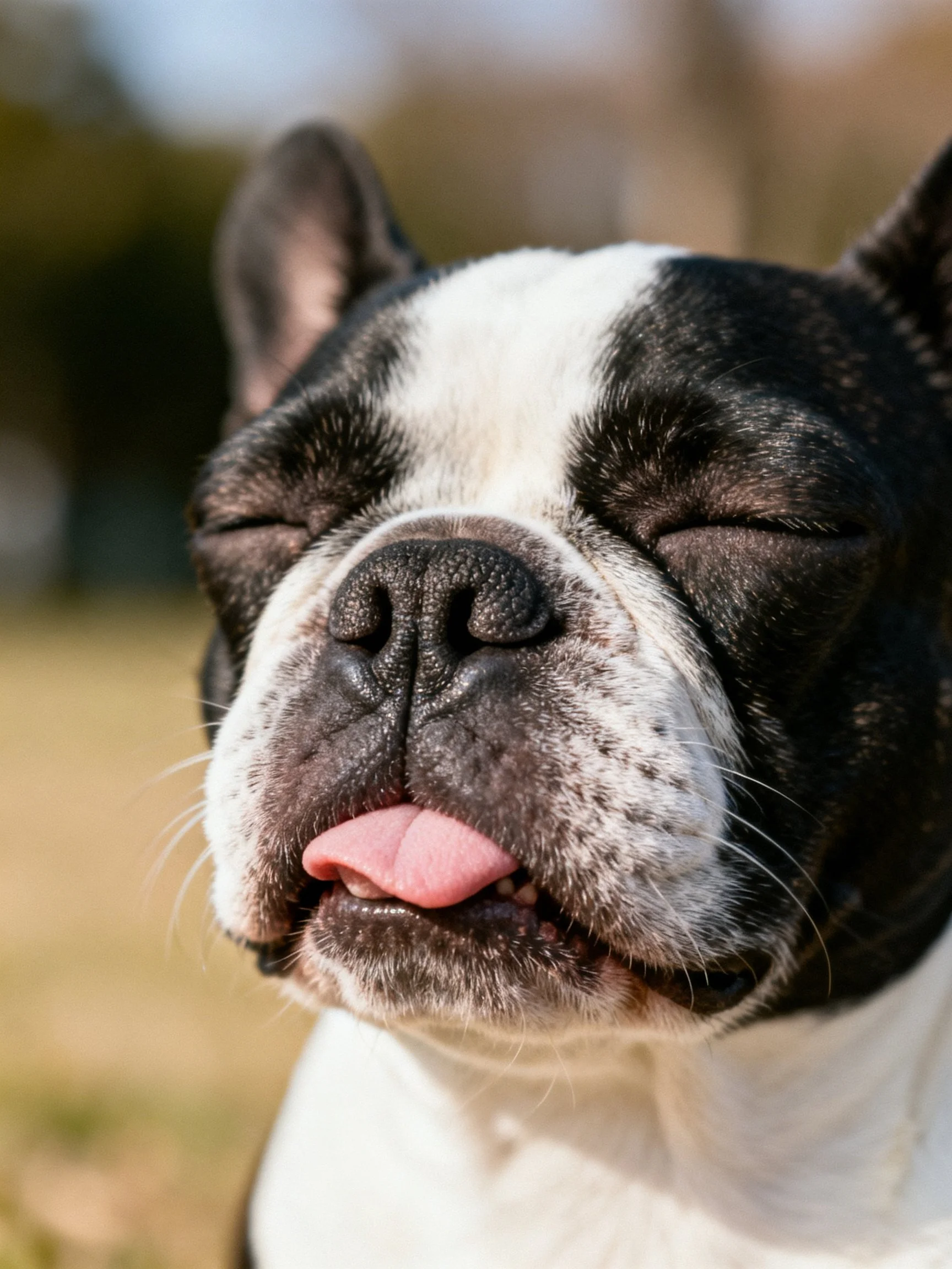 A black and white Boston Terrier with closed eyes and tongue out