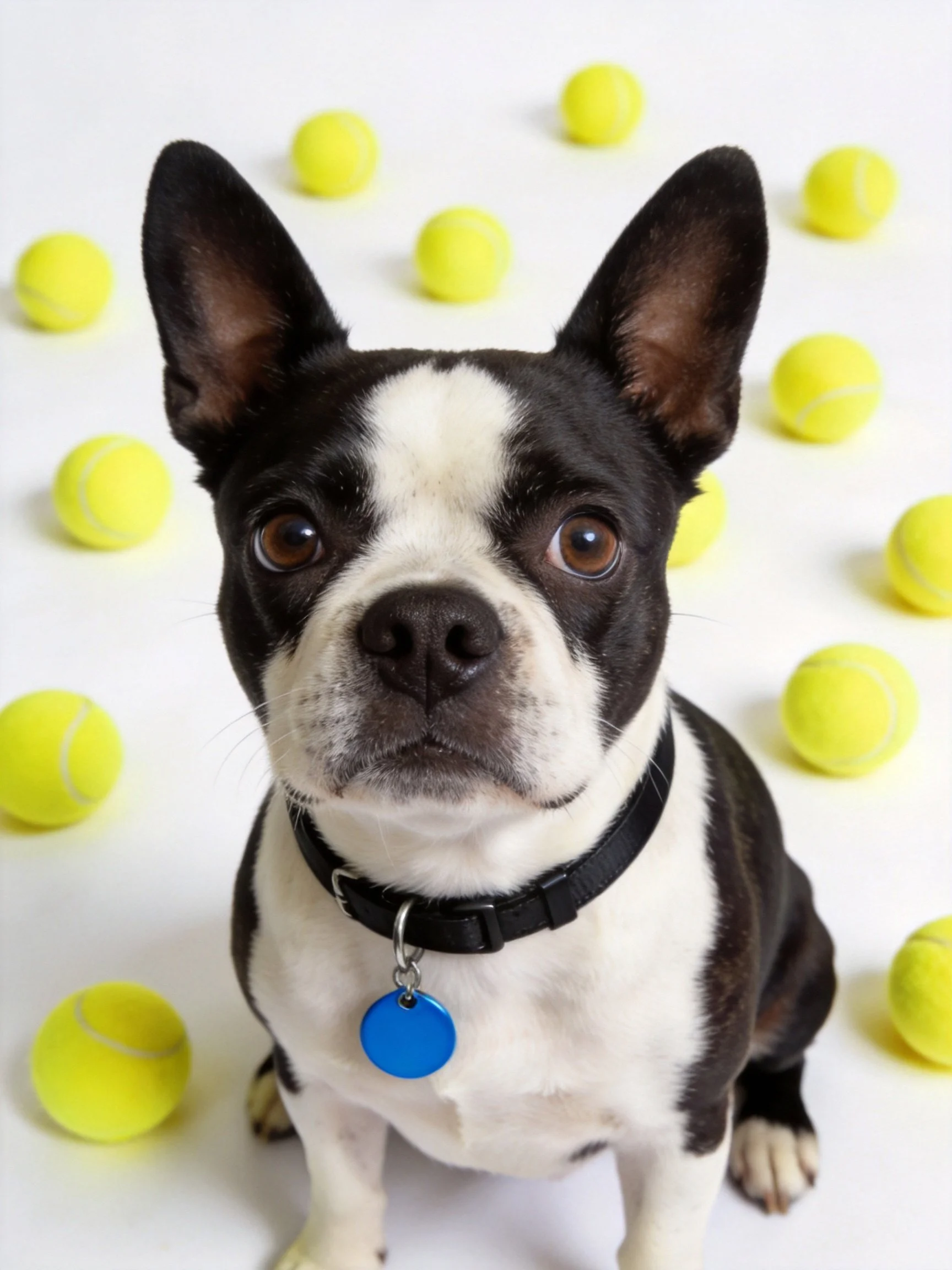 A black and white Boston Terrier sits among bright yellow tennis balls.