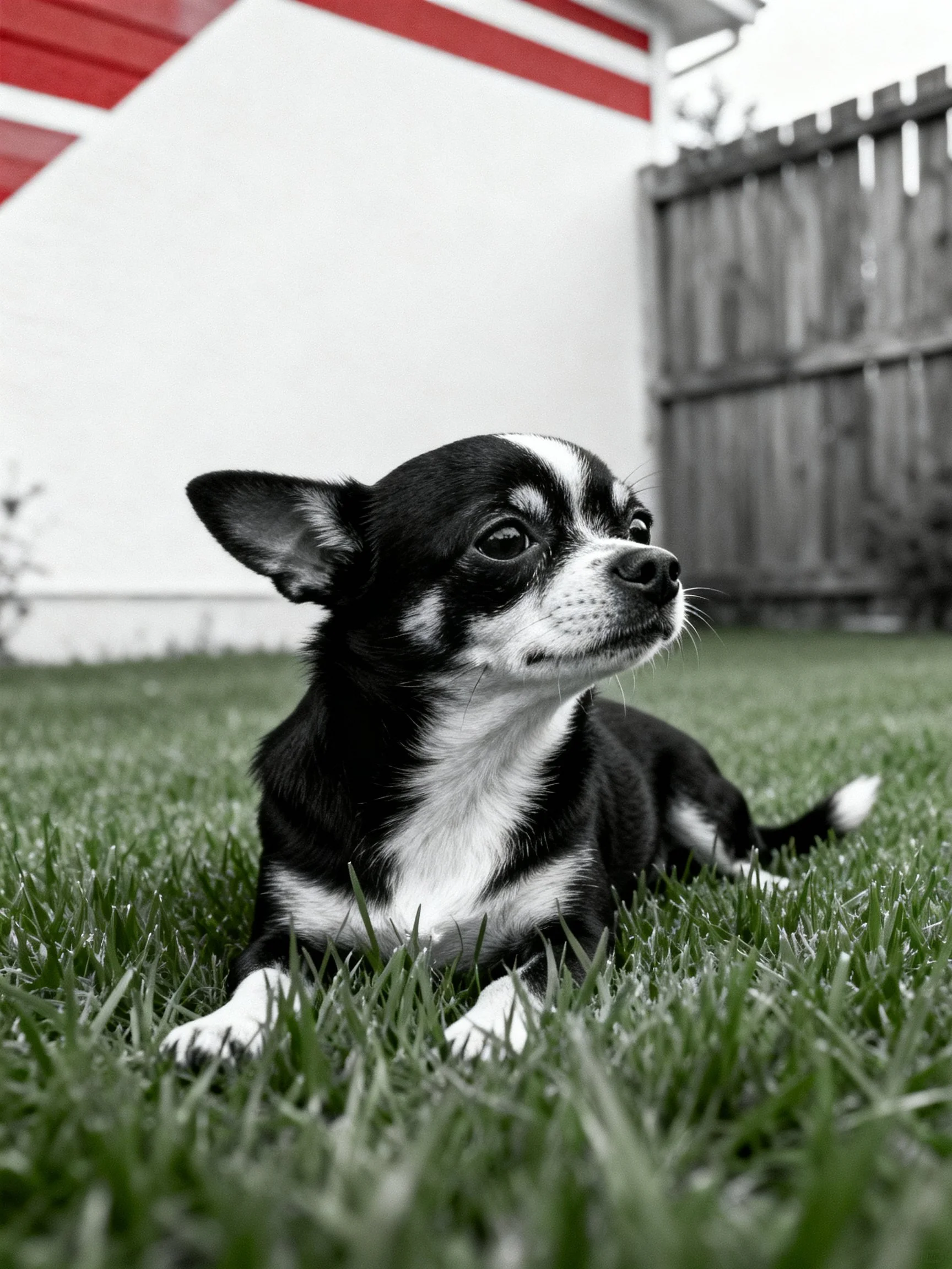A black and white Chihuahua relaxes on grass near a wooden fence