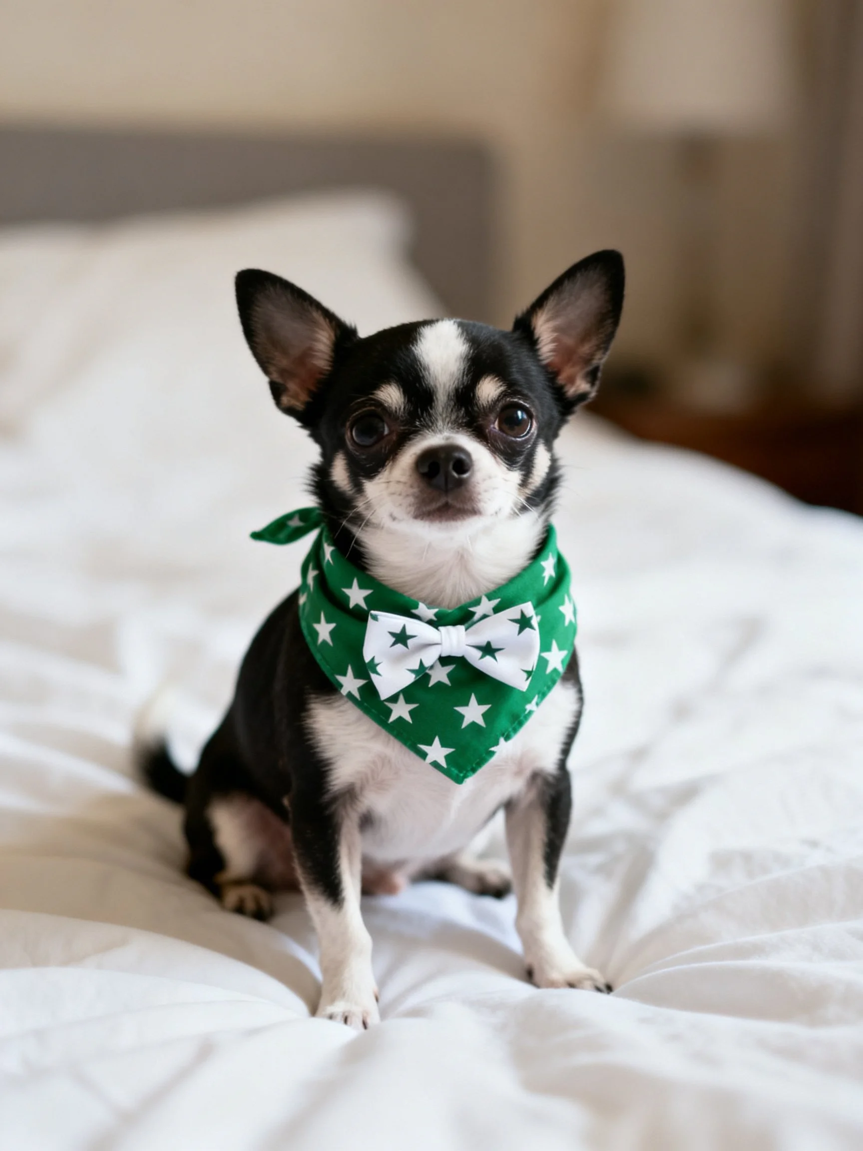 A small dog with black and white fur wears a green star bandana while seated on a white bed.