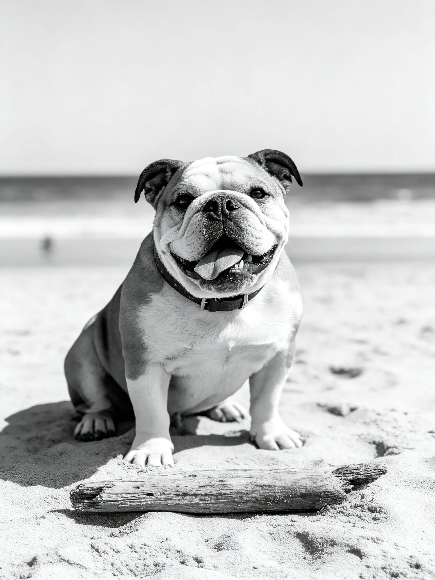 A black - and - white English bulldog sits on a sandy beach near driftwood.