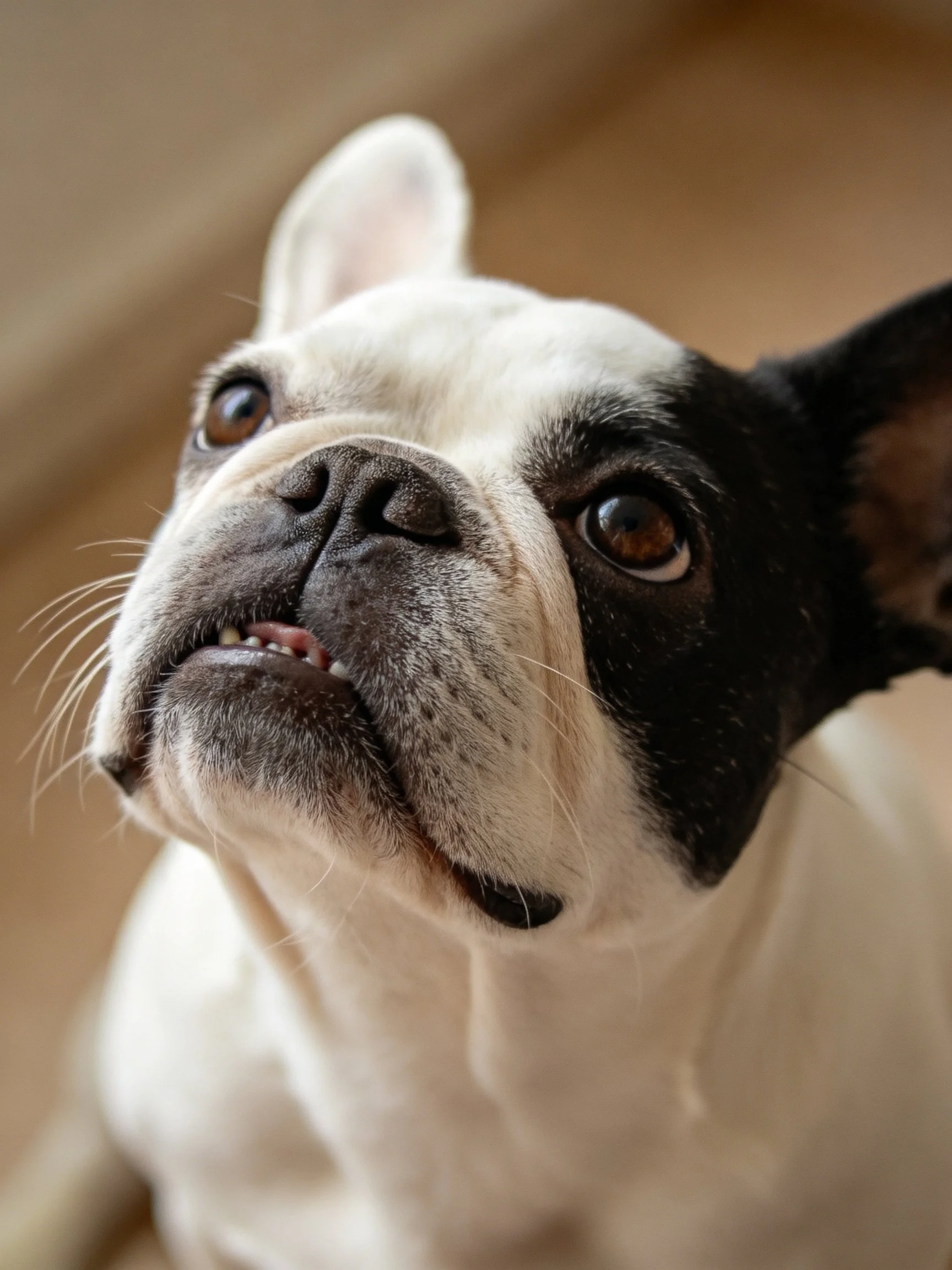 A black and white French Bulldog gazes upward with curiosity.