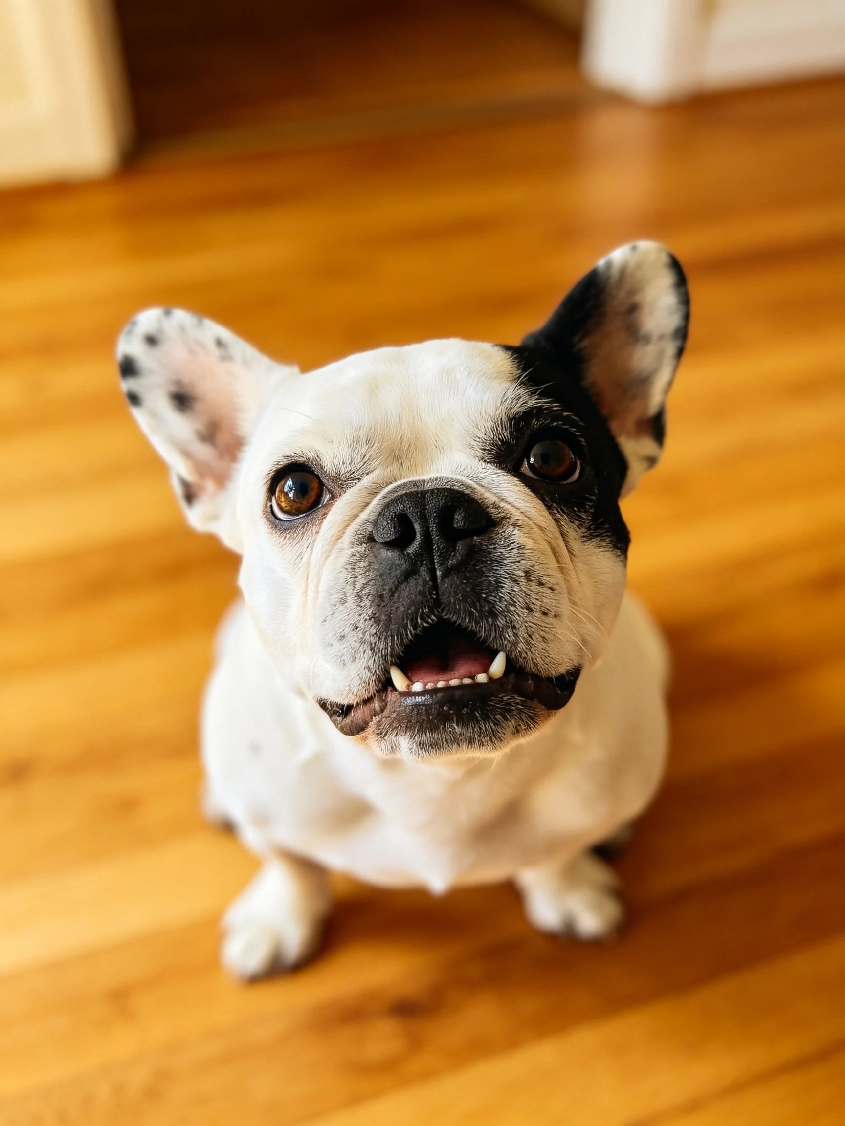A black-and-white French Bulldog looks up on a wooden floor.