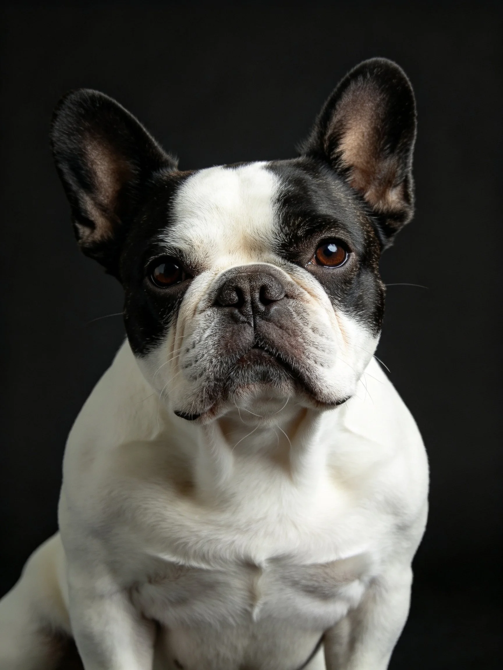 A close-up portrait of a black and white French bulldog.