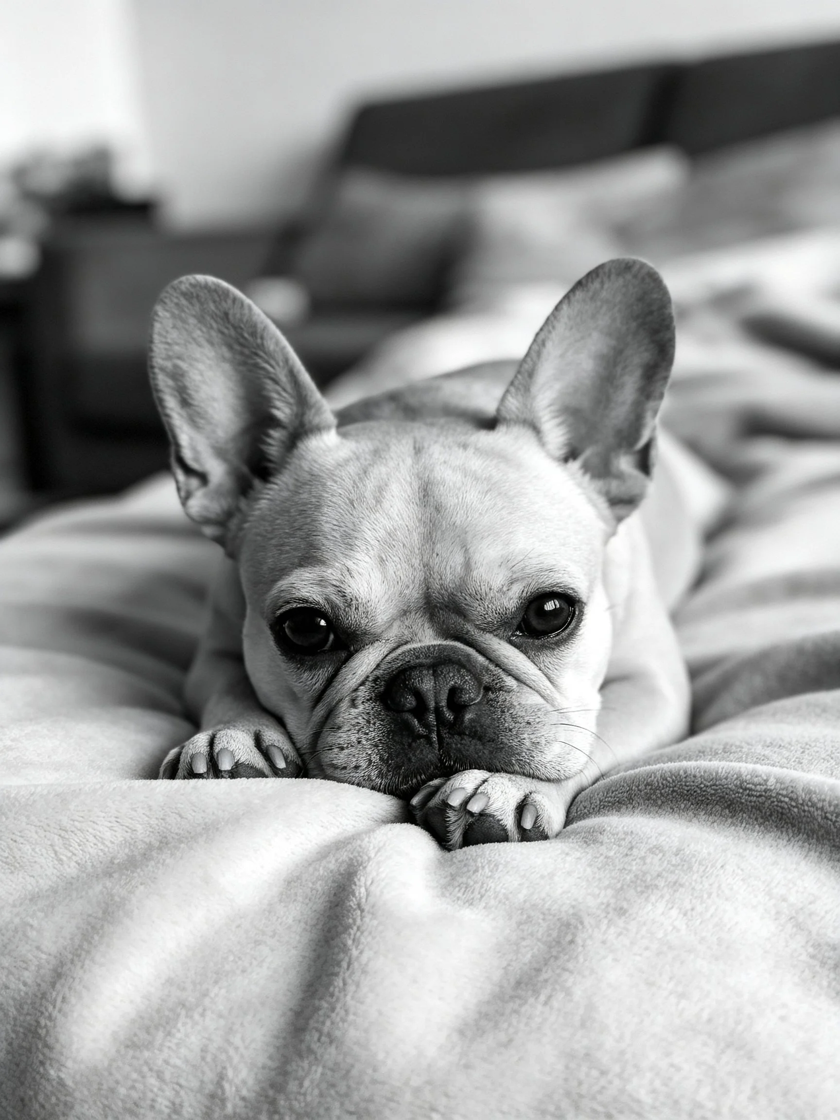 A black - and - white French bulldog relaxes on a soft bed indoors.