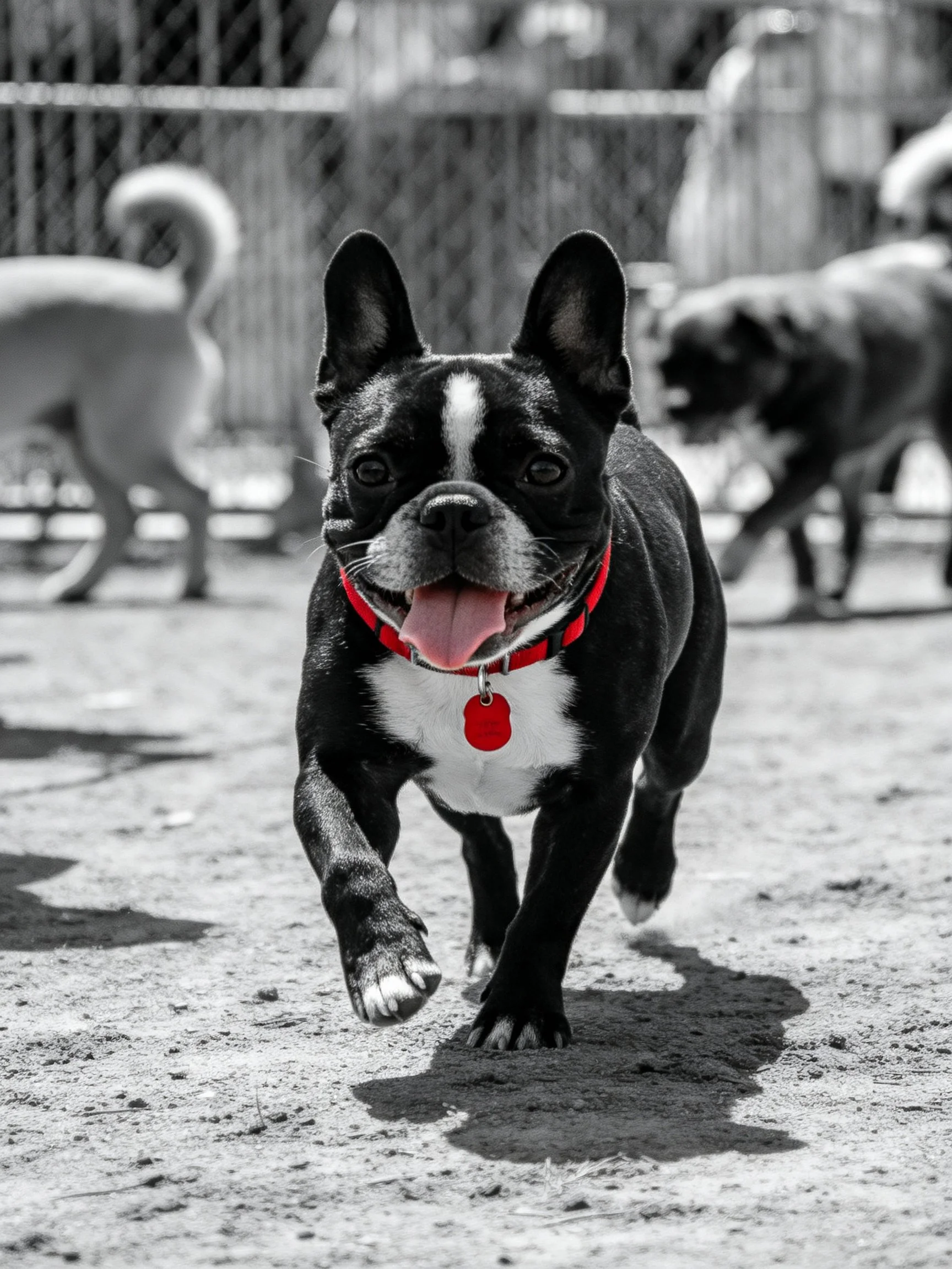 A black and white French bulldog runs toward the camera with a red collar