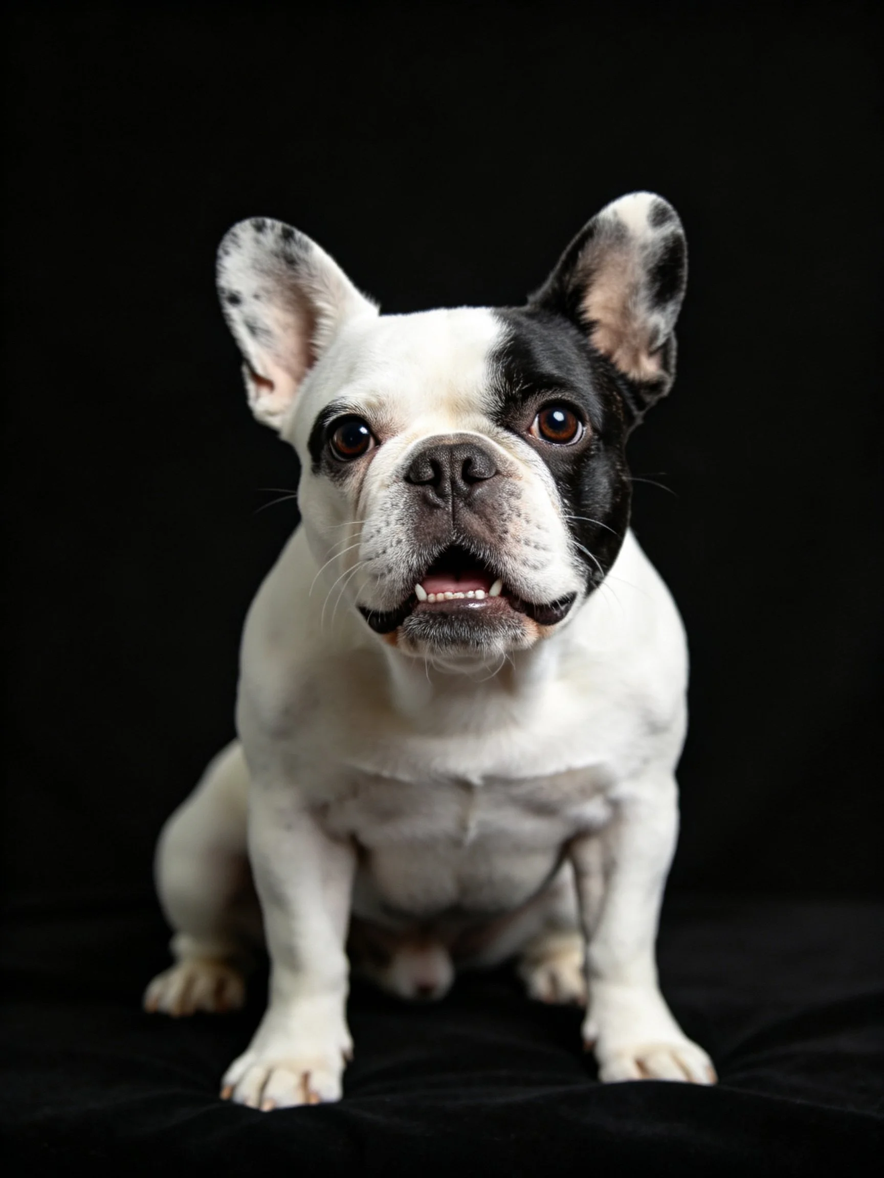 A black-and-white French bulldog sits attentively with a dark backdrop