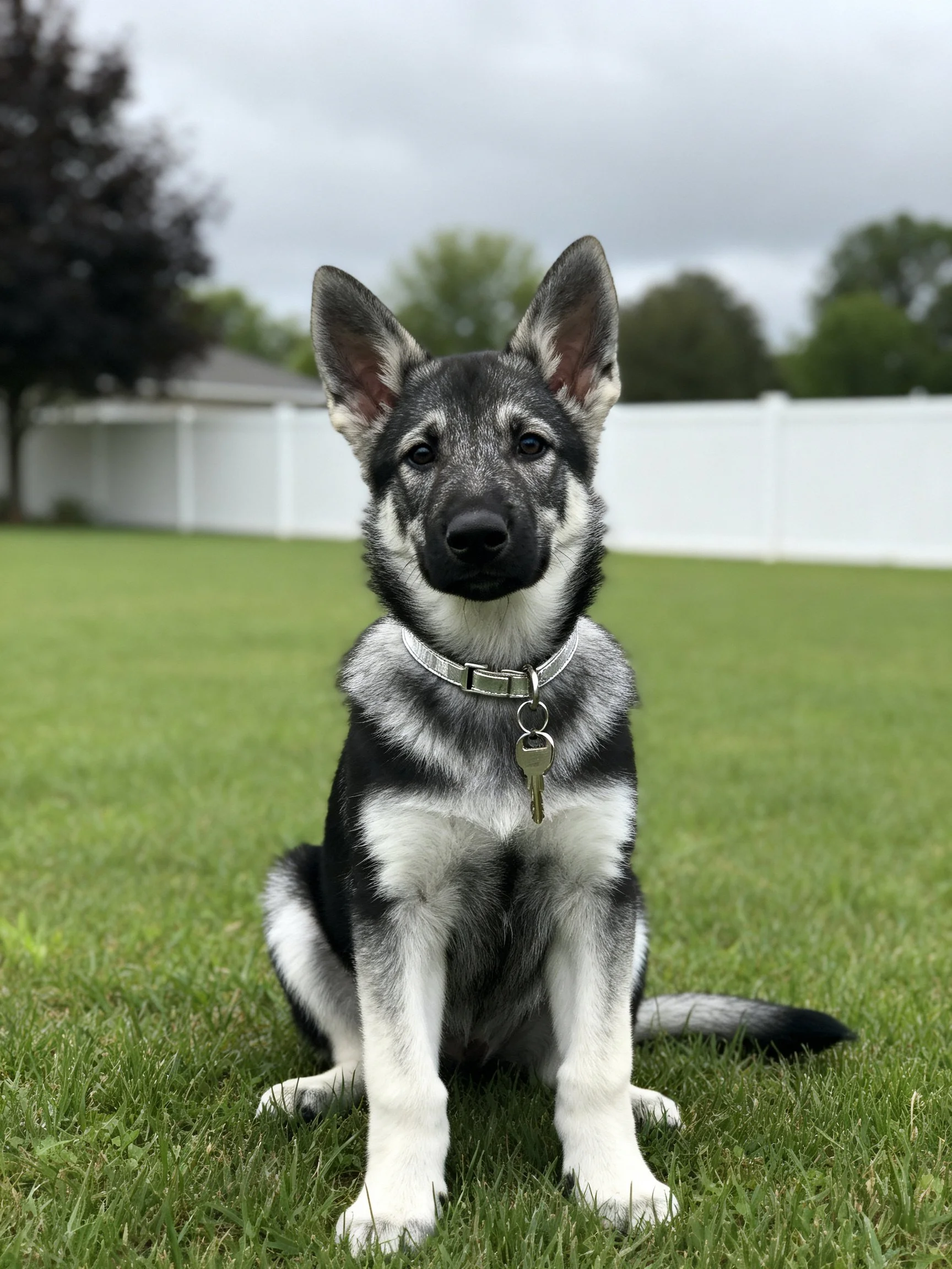 A German Shepherd puppy sits calmly on green grass in a residential area.
