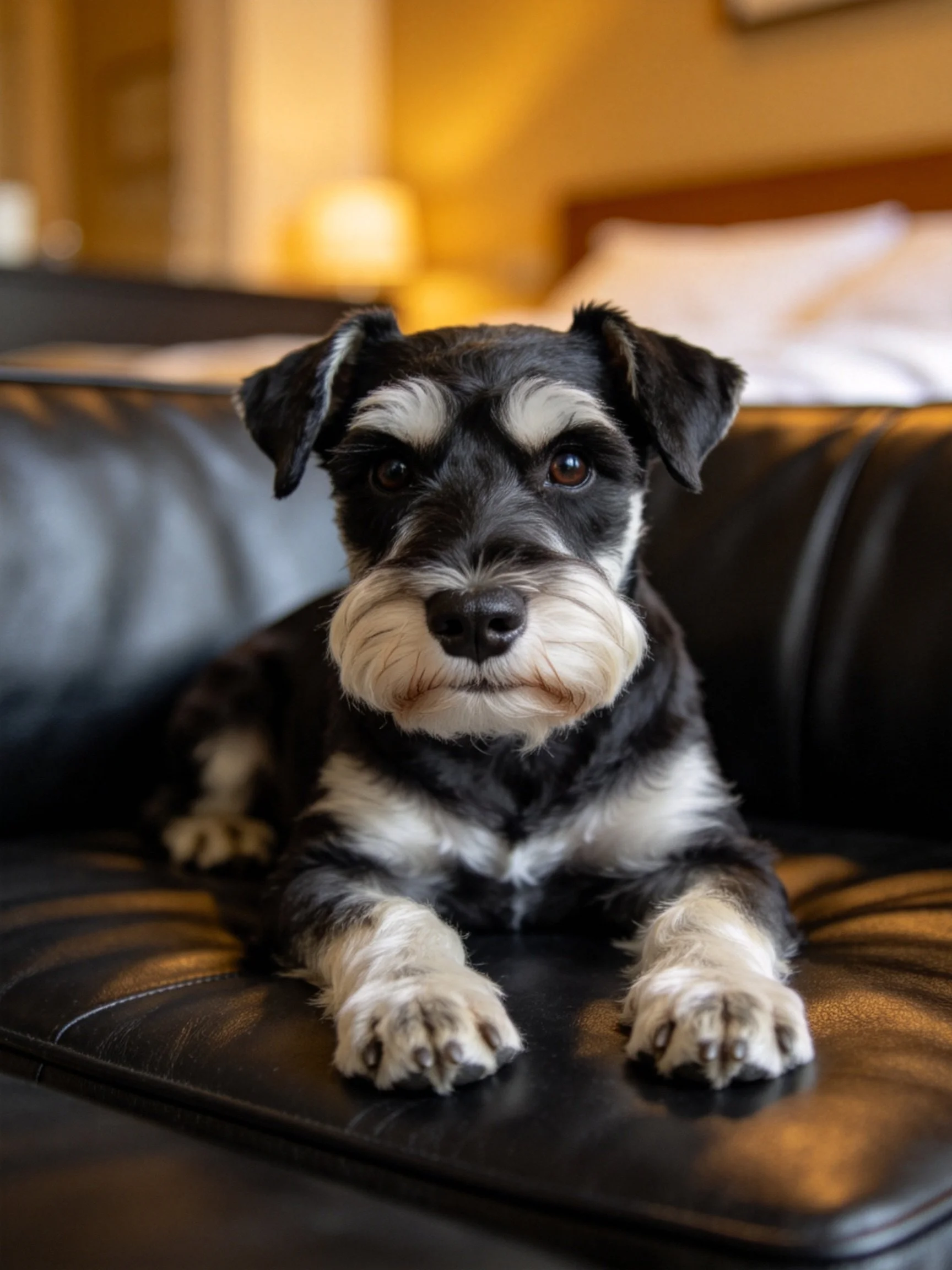 A black and white Schnauzer relaxes on a black leather couch in a warmly lit indoor area