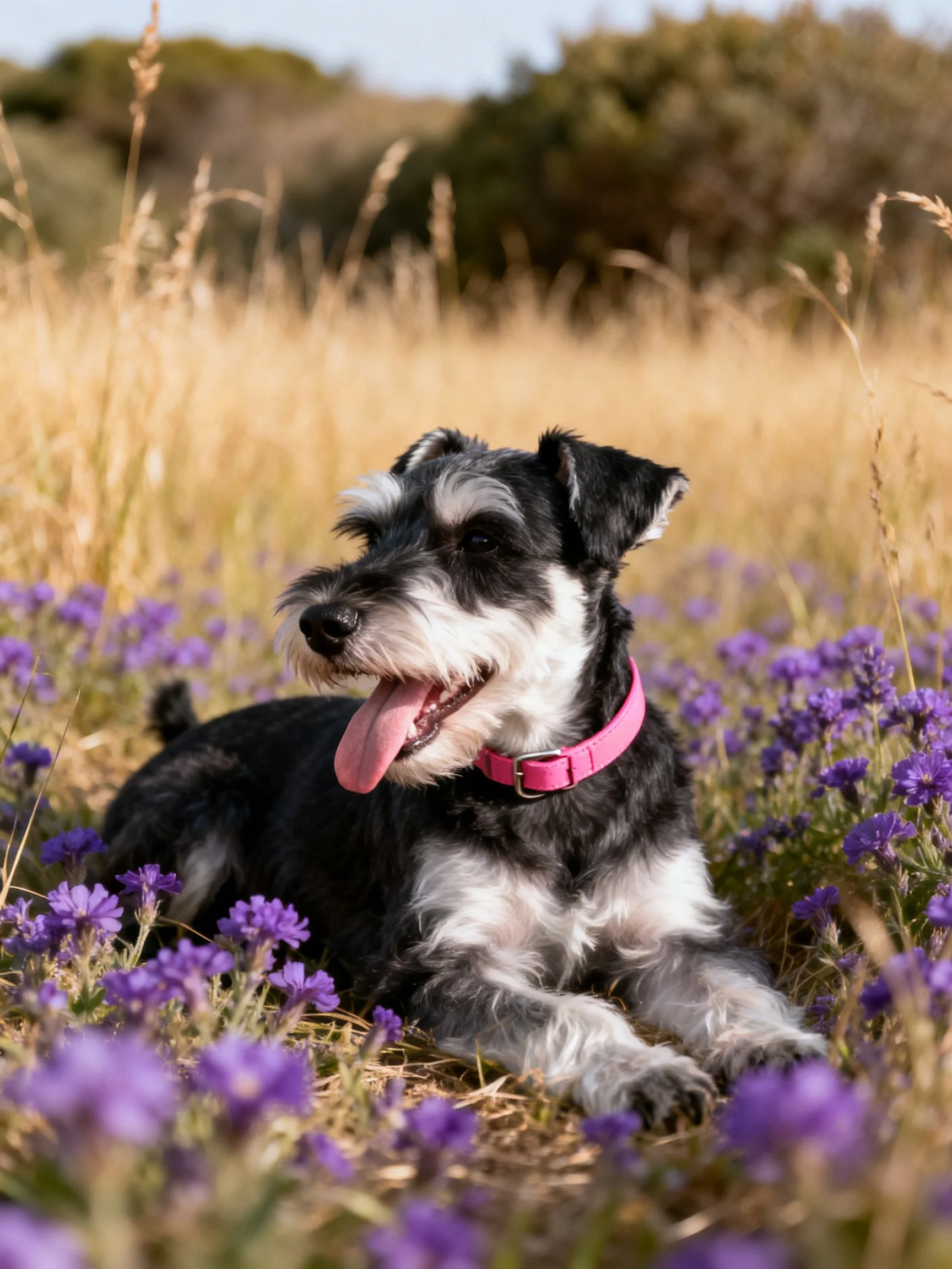 A black and white Schnauzer relaxes among purple flowers and golden grass