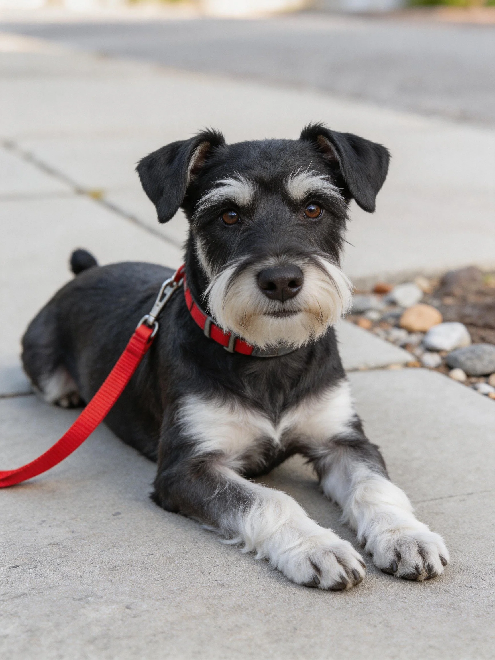 A black and white Schnauzer rests calmly on a concrete sidewalk with a red leash.