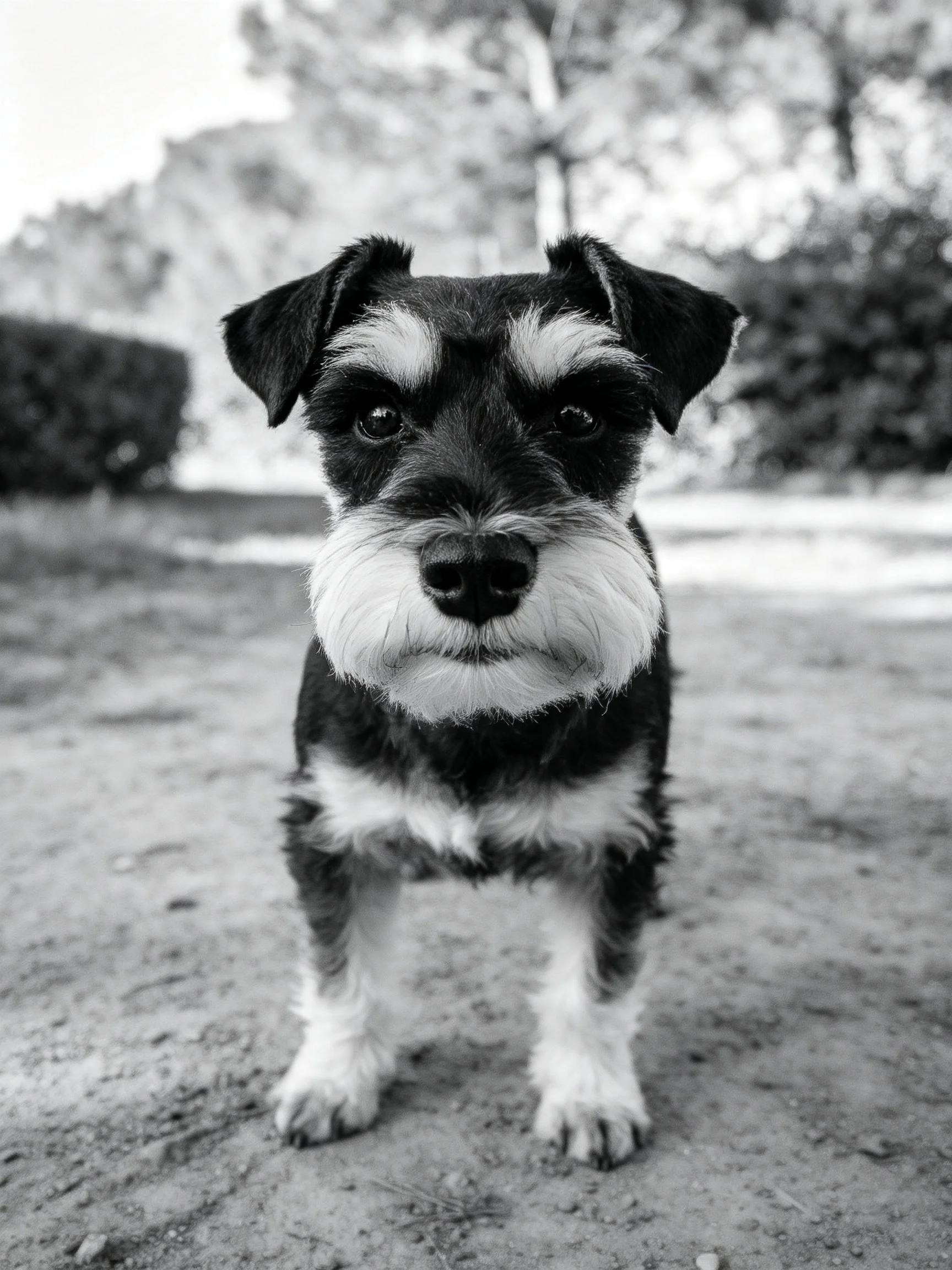 A black and white Schnauzer stands on a gravel path outdoors