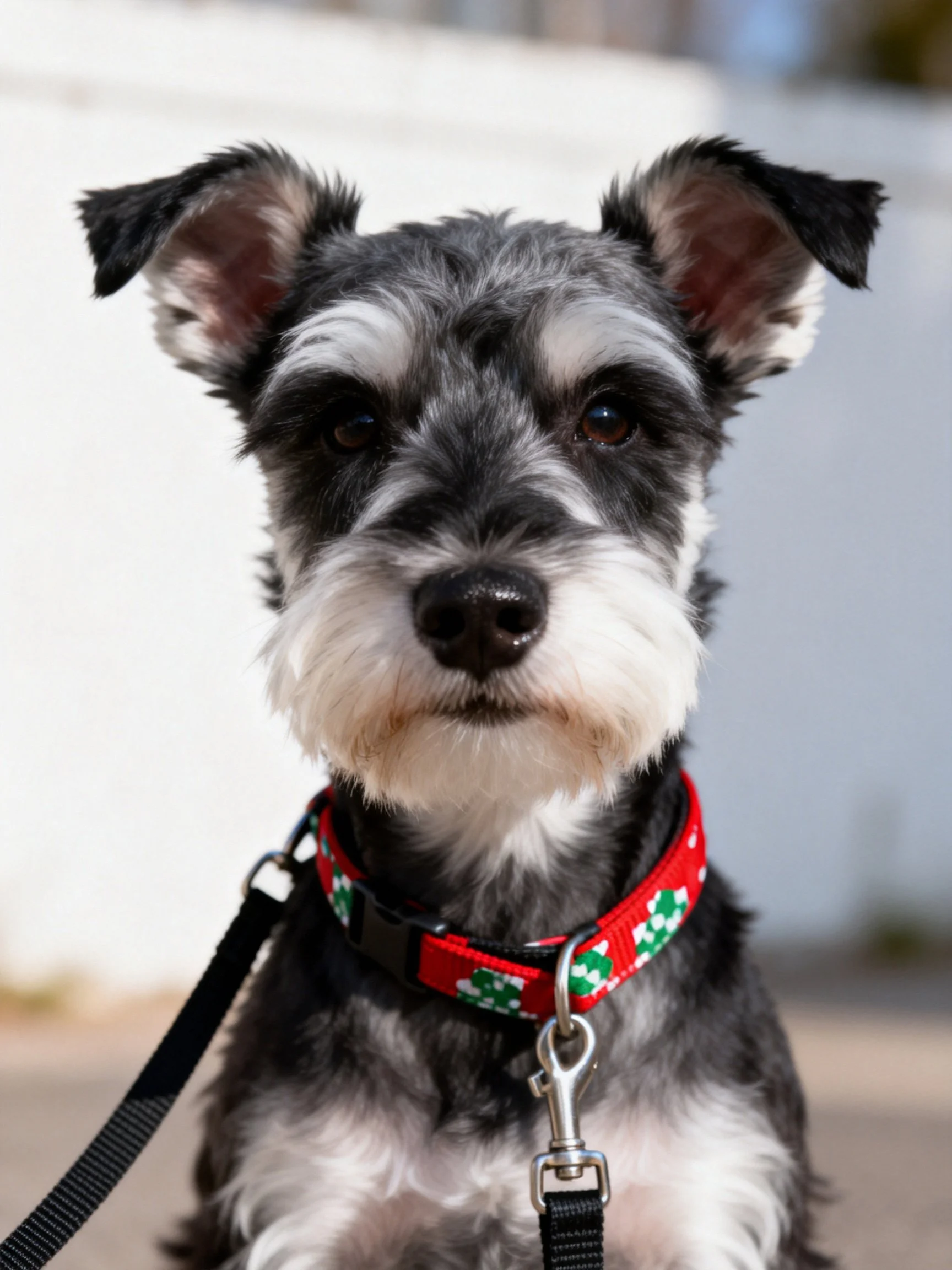 A black and white Schnauzer sits calmly with a red clover-patterned collar.