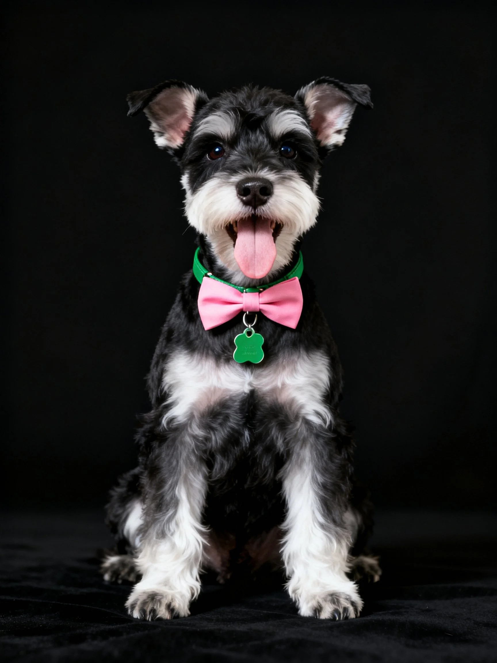A black and white Schnauzer with a pink bow tie and green collar