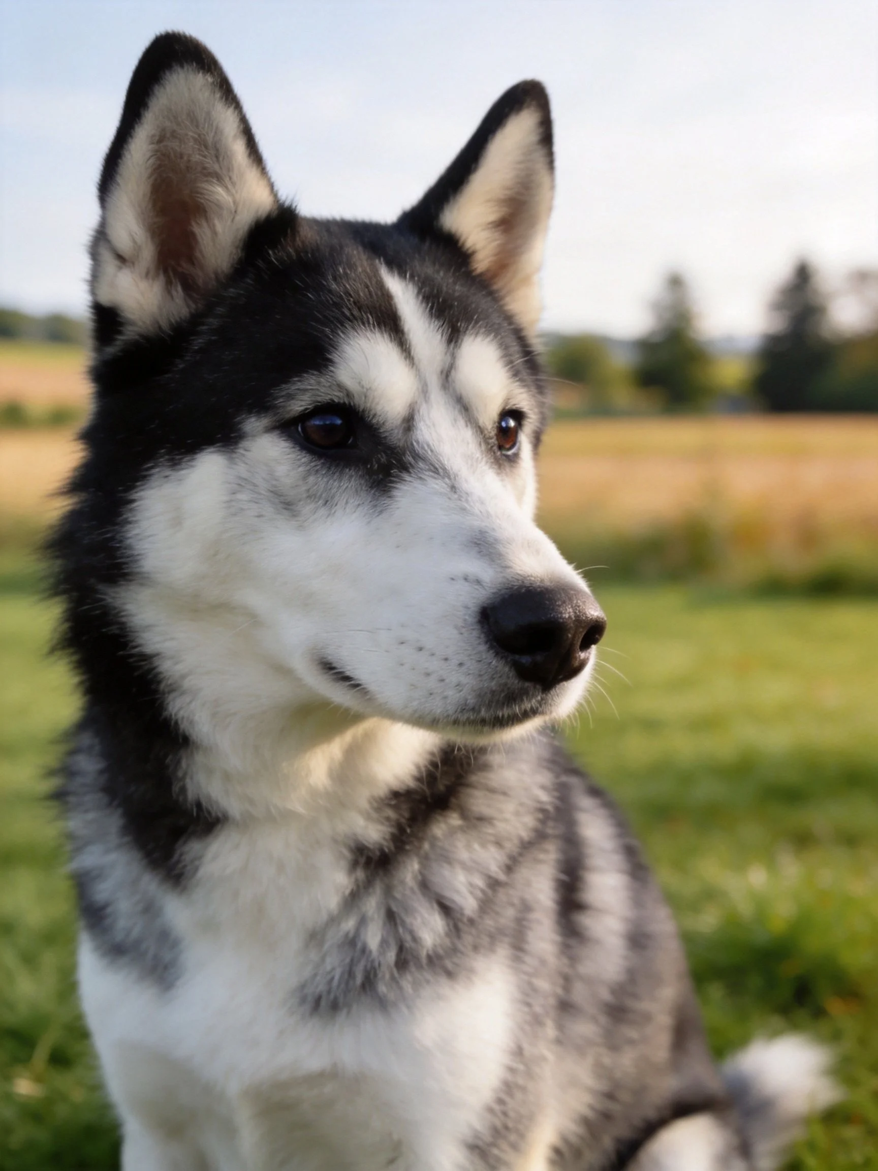 A black-and-white Siberian Husky in a sunlit grassy field