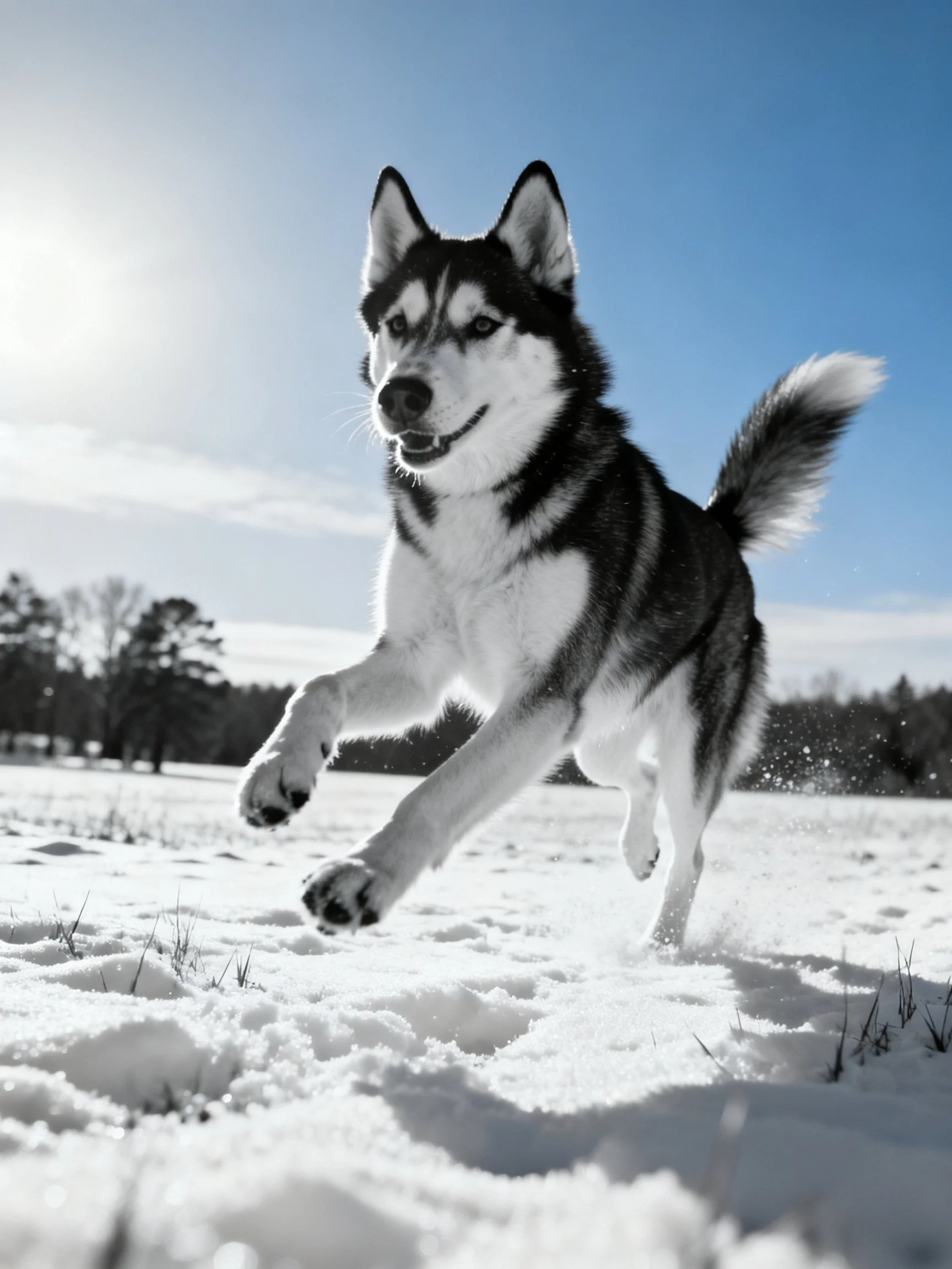 A black-and-white Siberian Husky runs energetically across a snowy field.