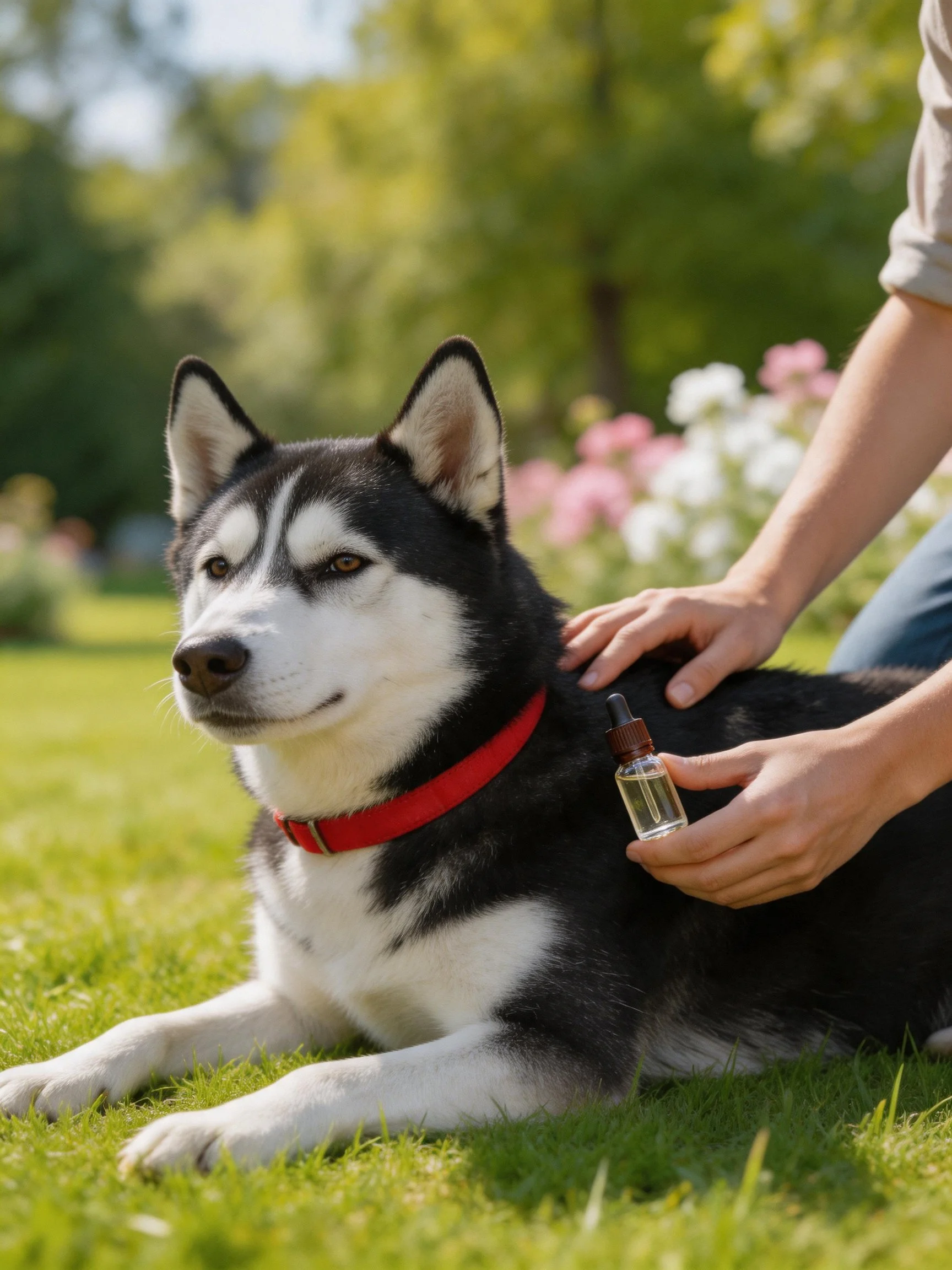 A Siberian Husky relaxes on grass while a person uses a small bottle nearby