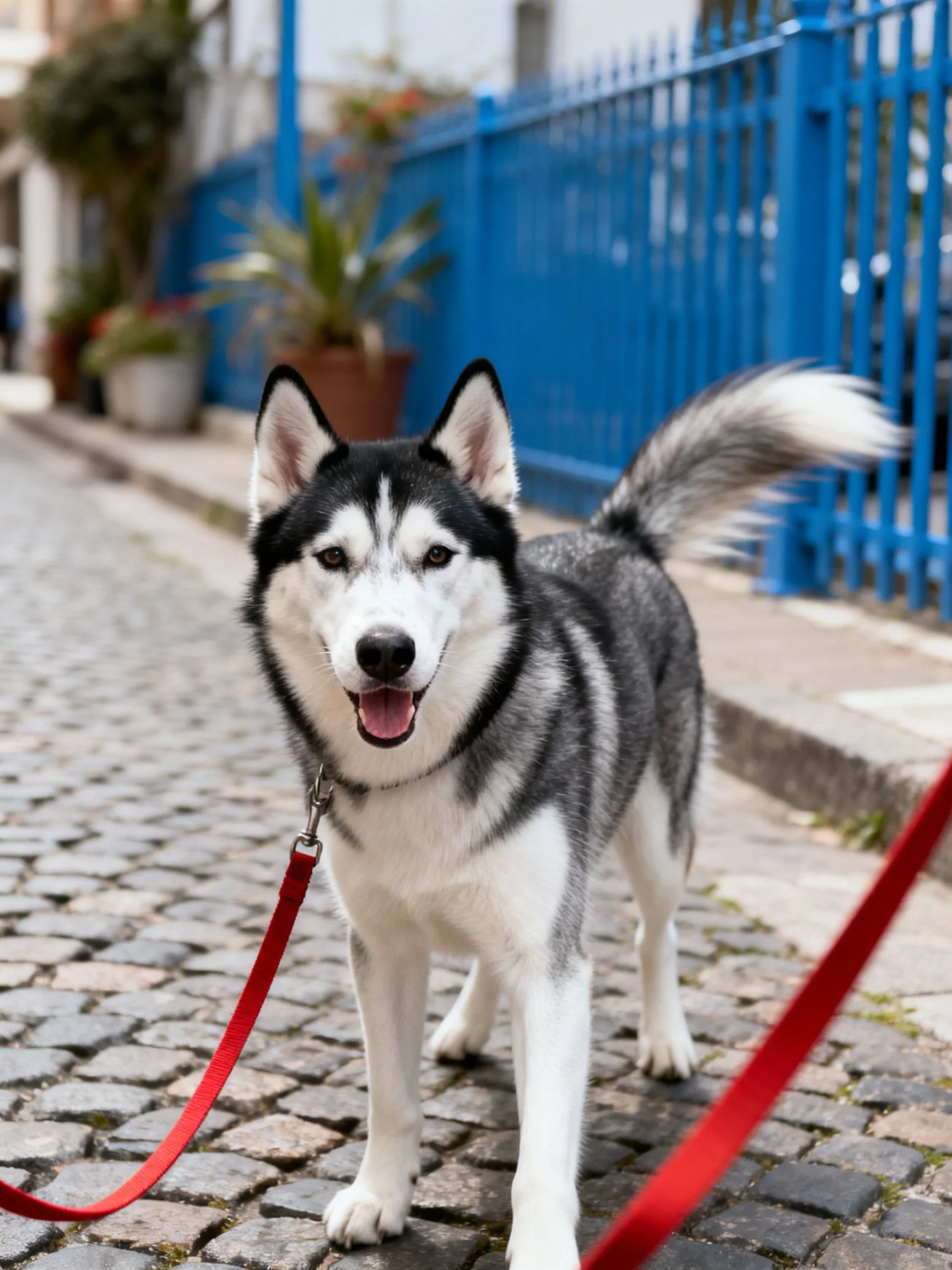 A black-and-white Siberian Husky on a cobblestone path with a red leash