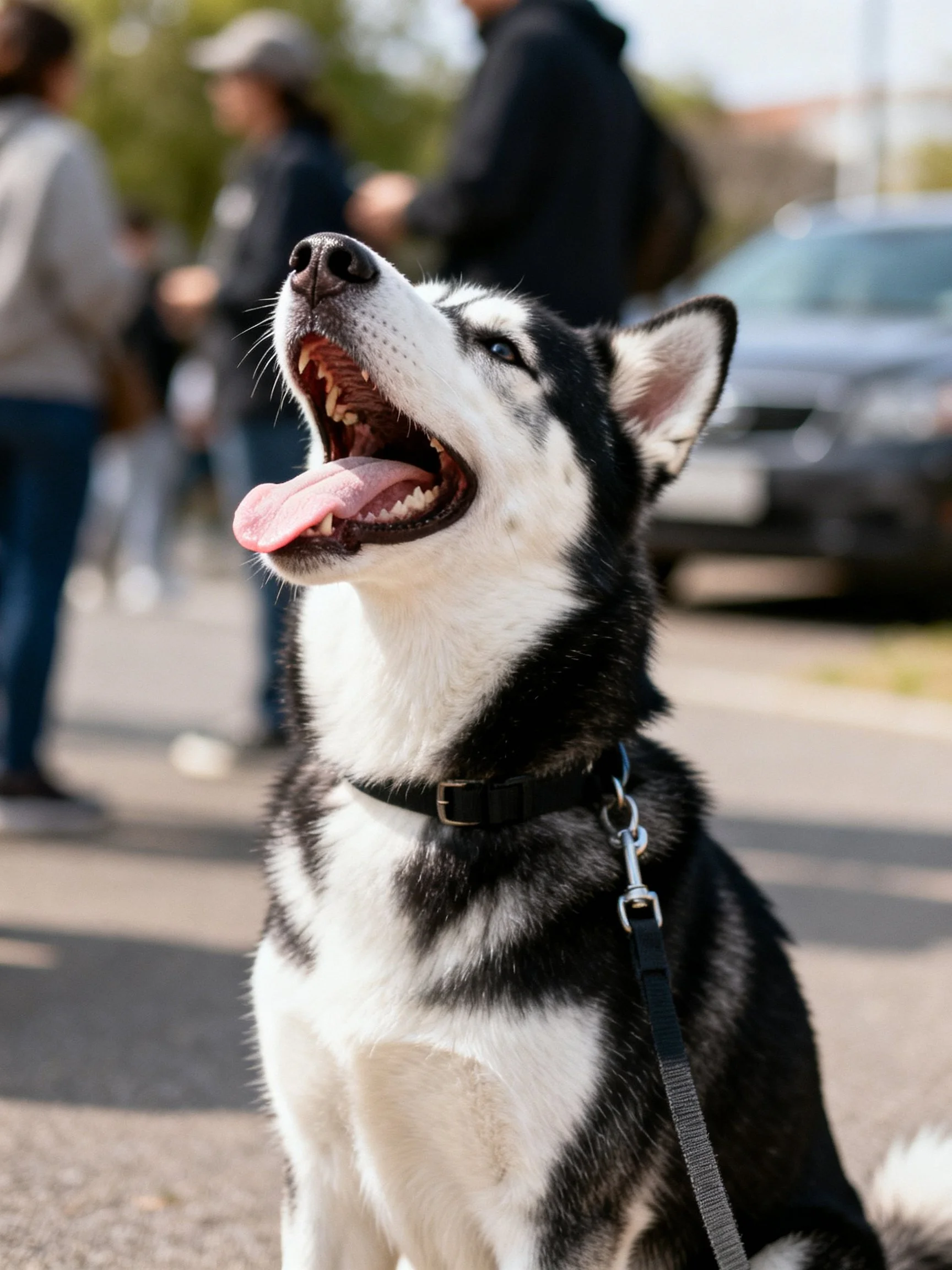 A black and white Siberian Husky panting near pedestrians