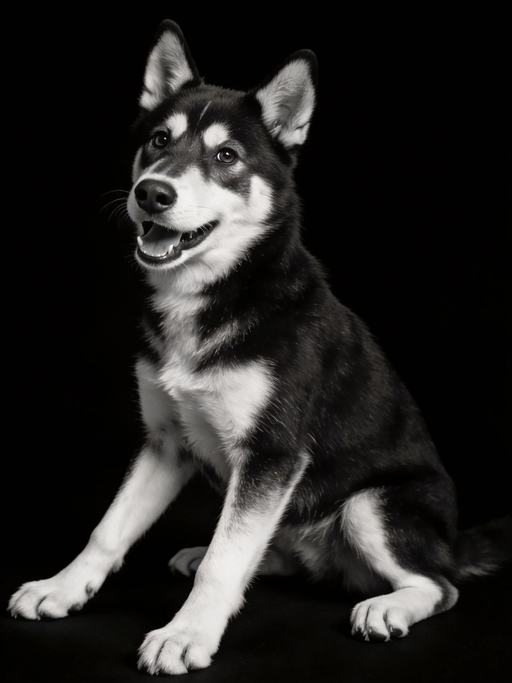 A black and white Siberian Husky puppy posed against a solid black background