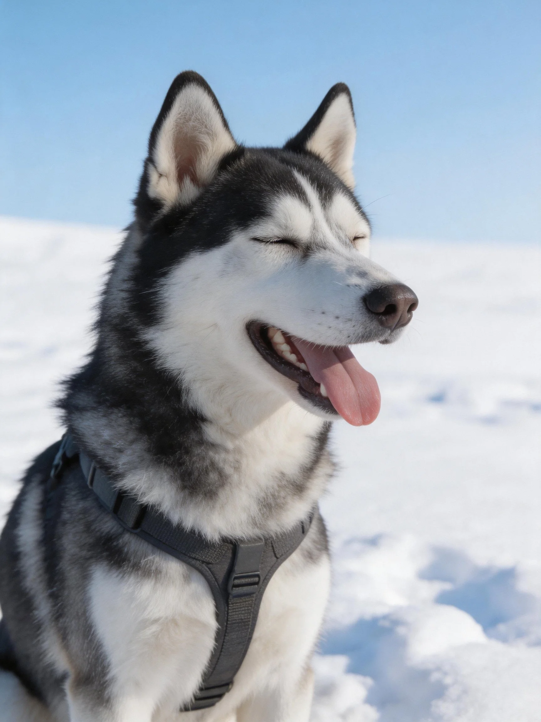 A black-and-white Siberian Husky rests in snowy terrain with a harness