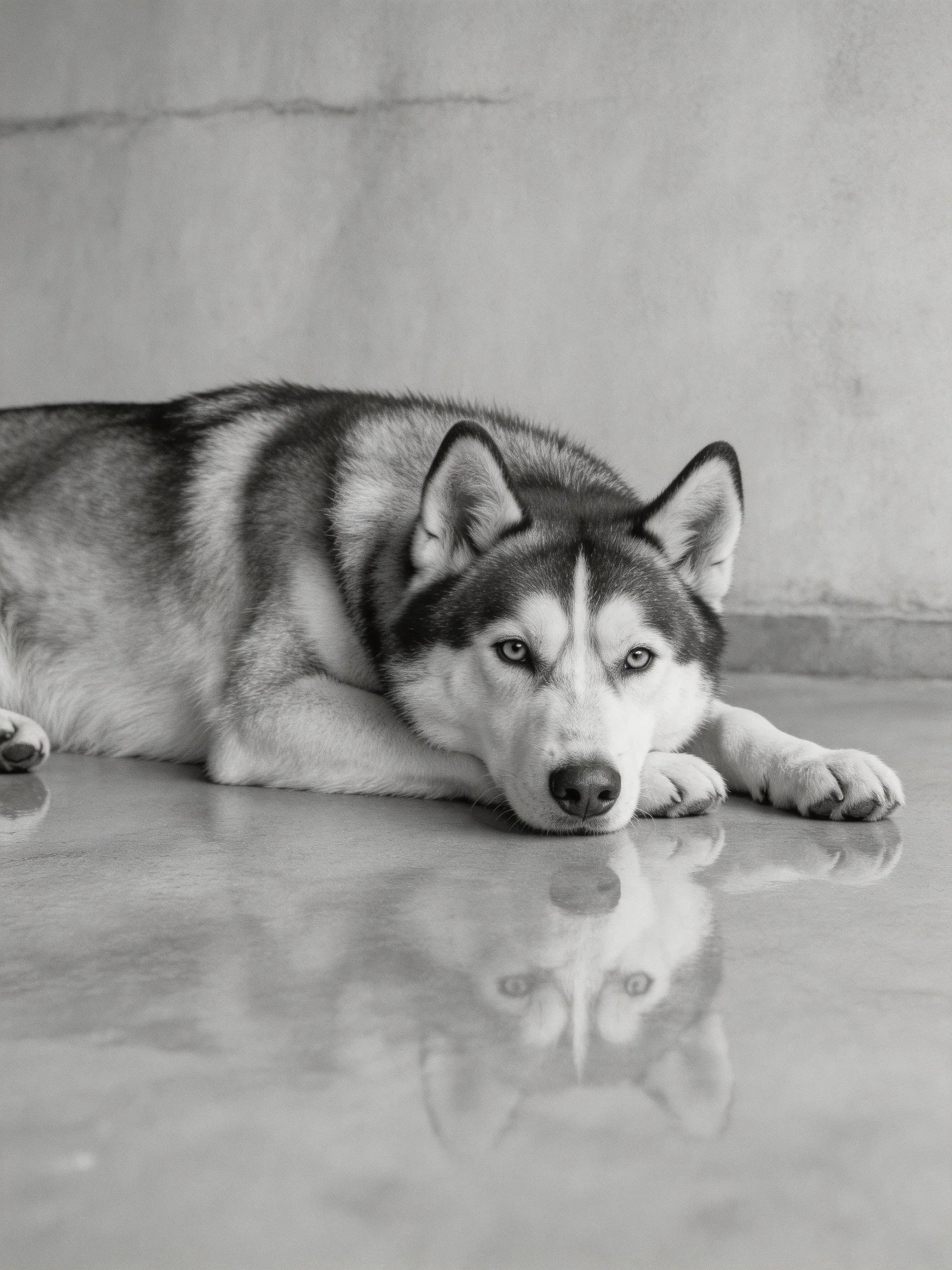A black - and - white Siberian Husky rests near a reflective smooth floor