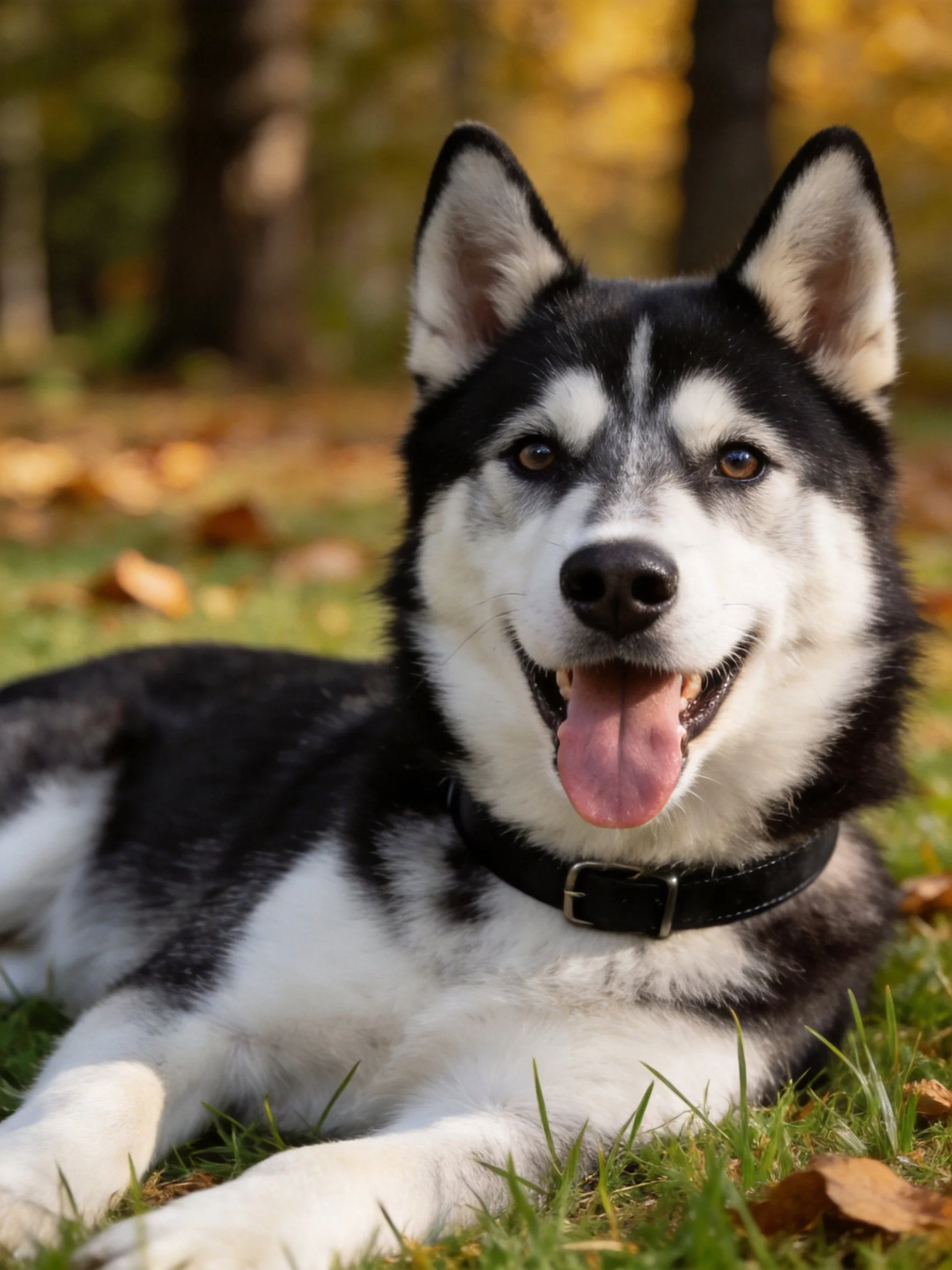 A black-and-white Siberian Husky rests on grass with autumn leaves