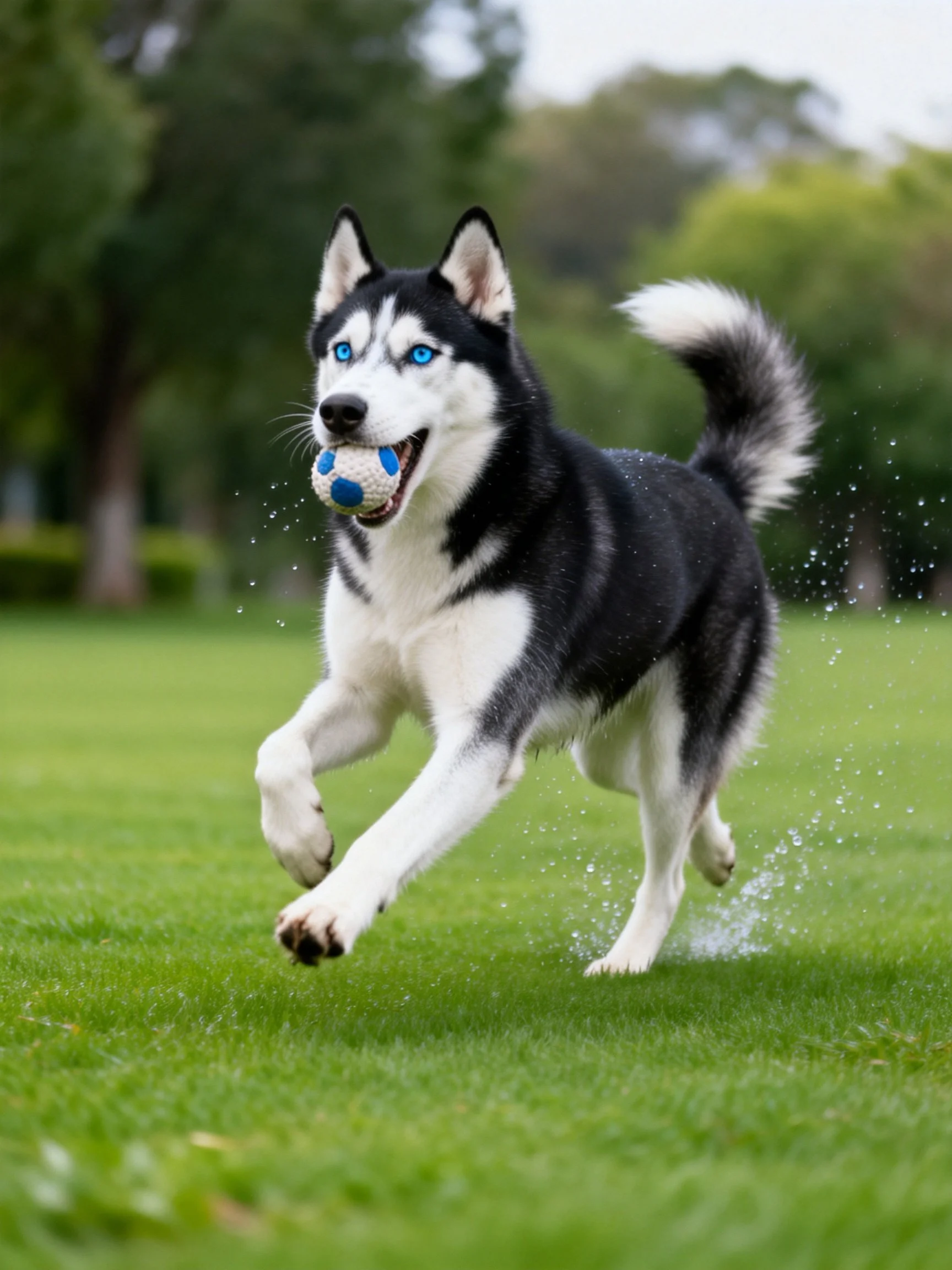 A Siberian Husky runs through grass while carrying a ball.