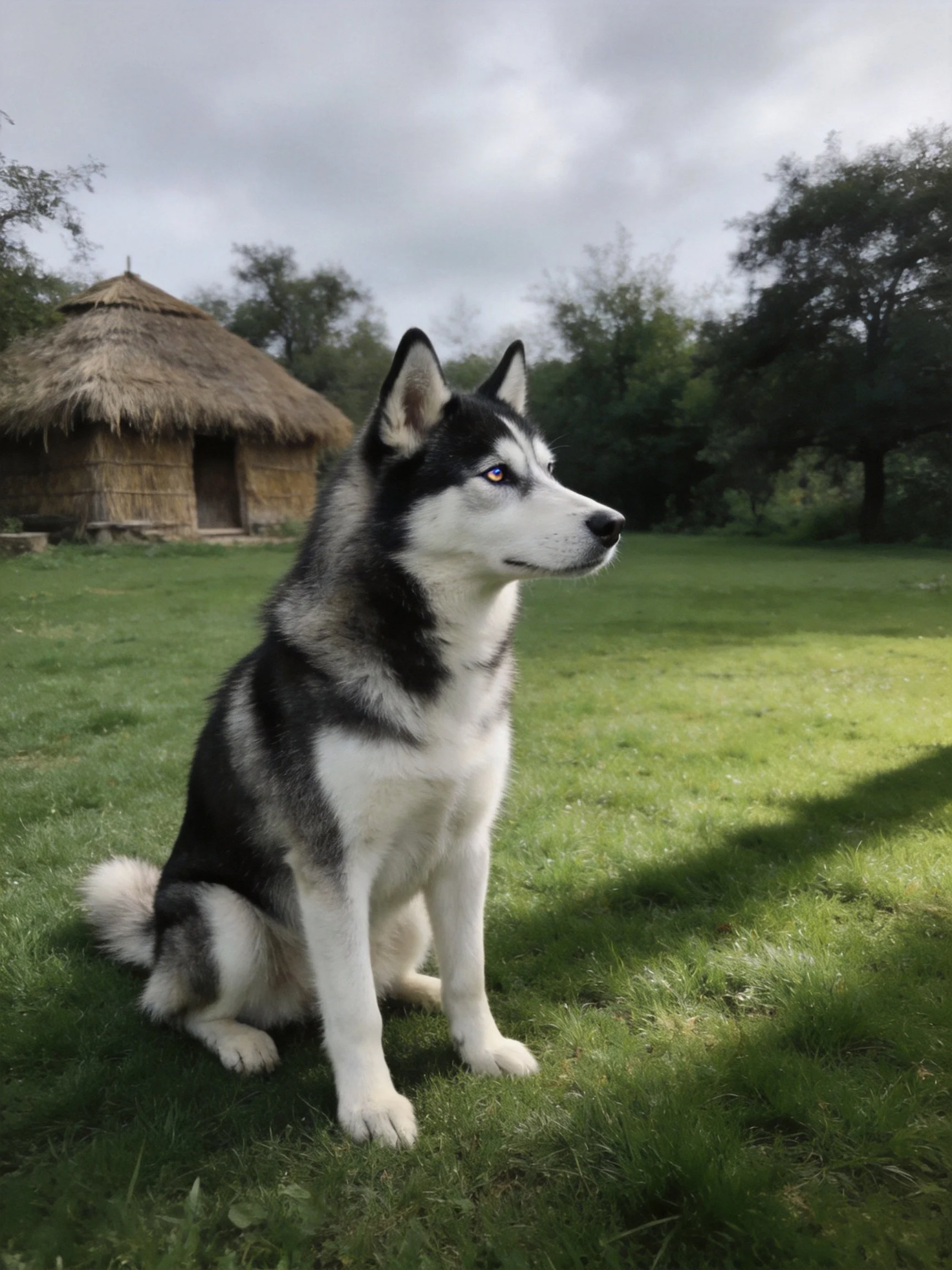 A black-and-white Siberian Husky sits on green grass near a straw hut