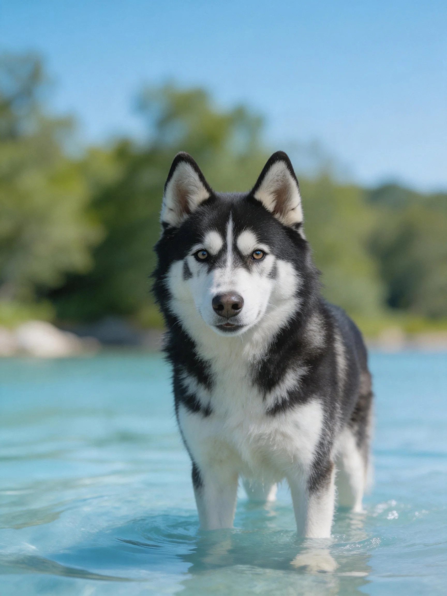 A black-and-white Siberian Husky stands in shallow turquoise water