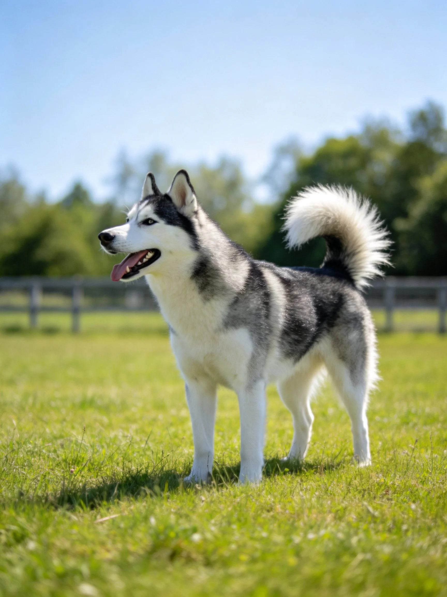 A black-and-white Siberian Husky stands on lush green grass