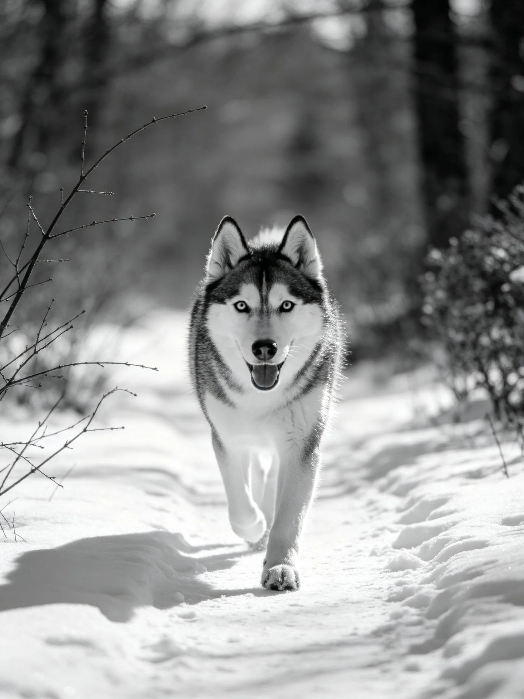 A black - and - white Siberian Husky walks toward the viewer on a snowy path