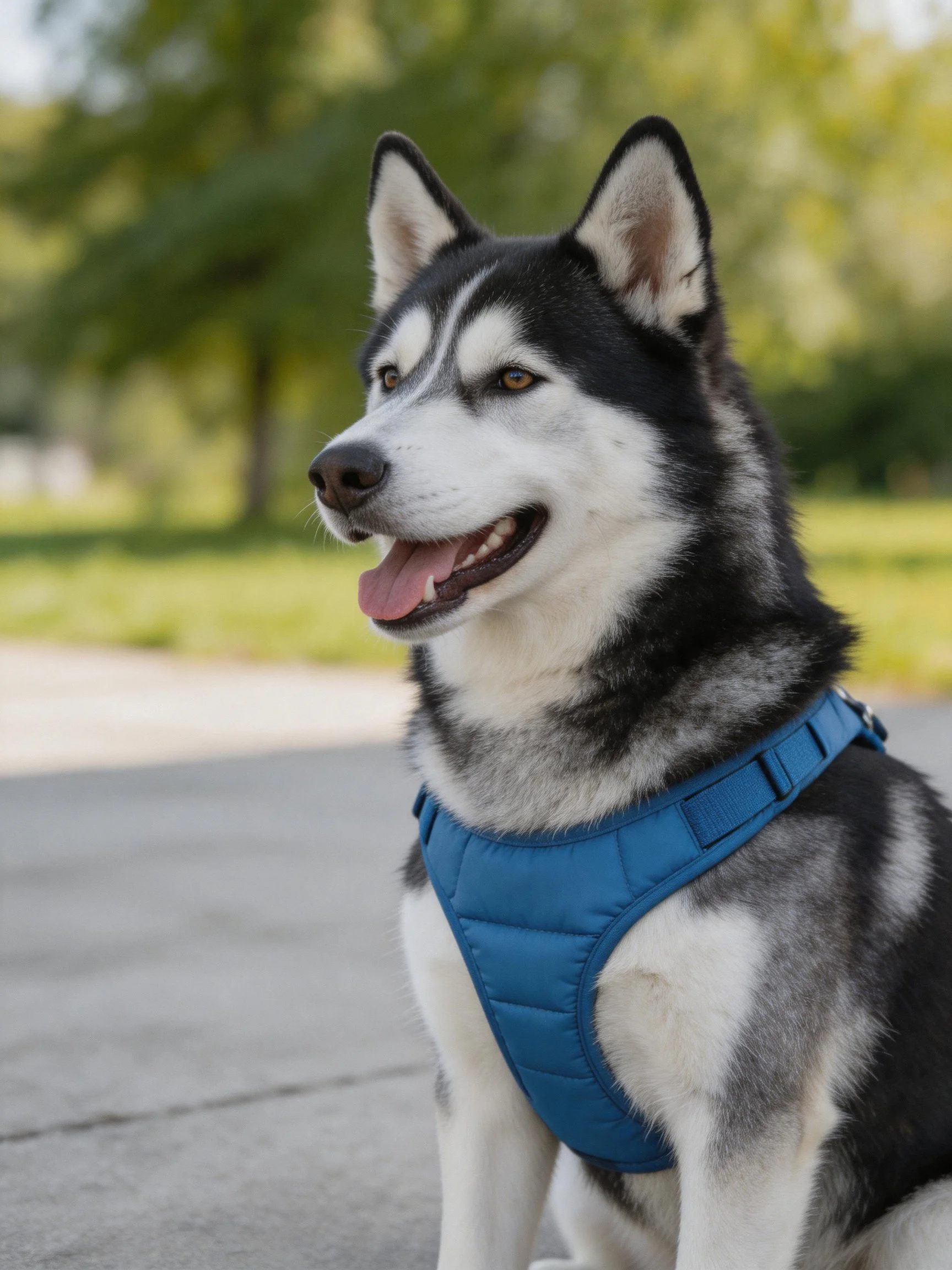 A black-and-white Siberian Husky wears a blue padded harness outdoors