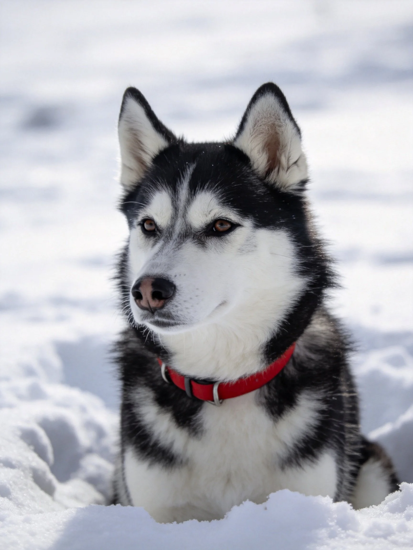 A black and white Siberian Husky with a red collar in snowy surroundings