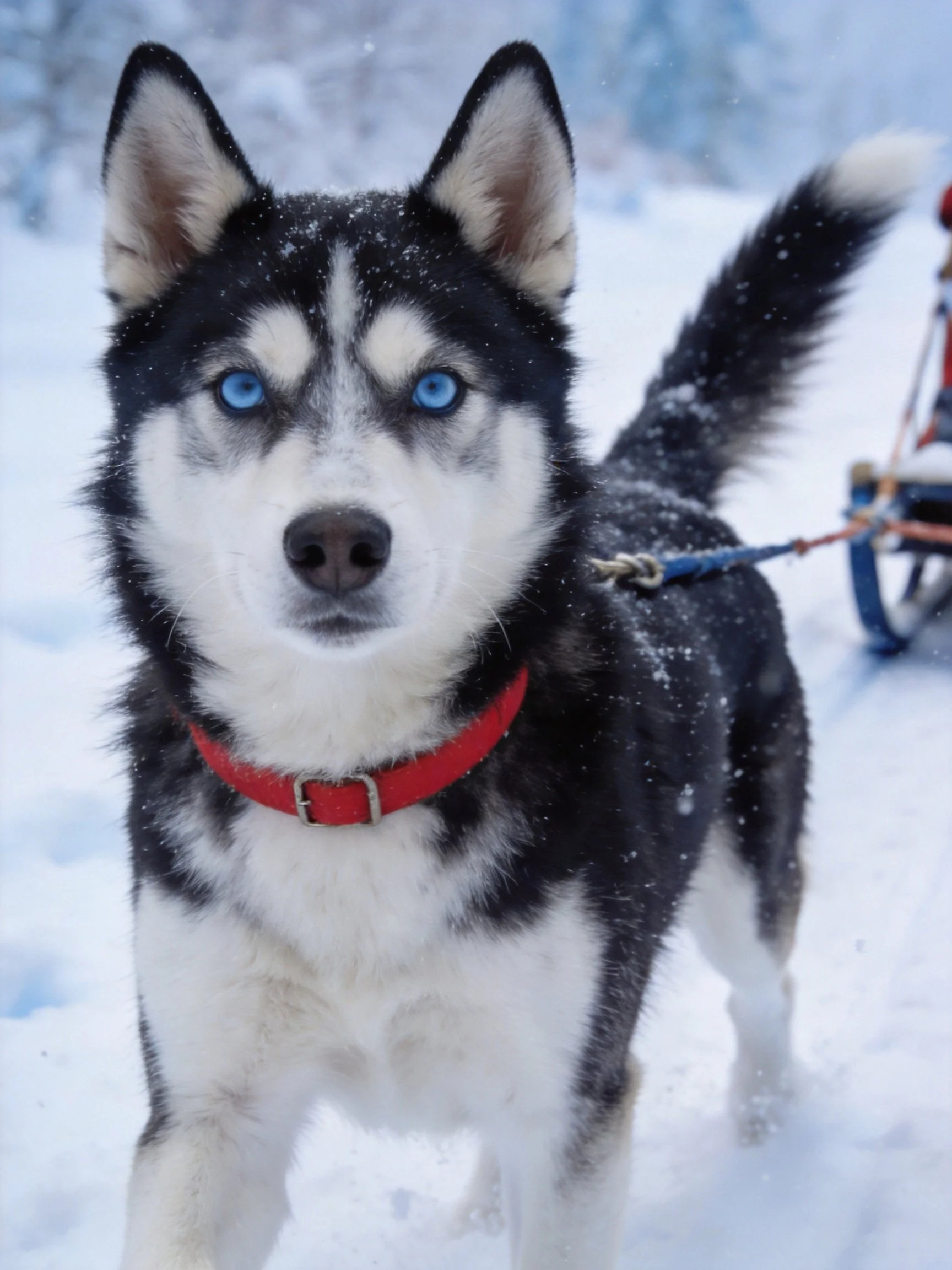 A black and white Siberian Husky with blue eyes stands in a snowy area near a sled.