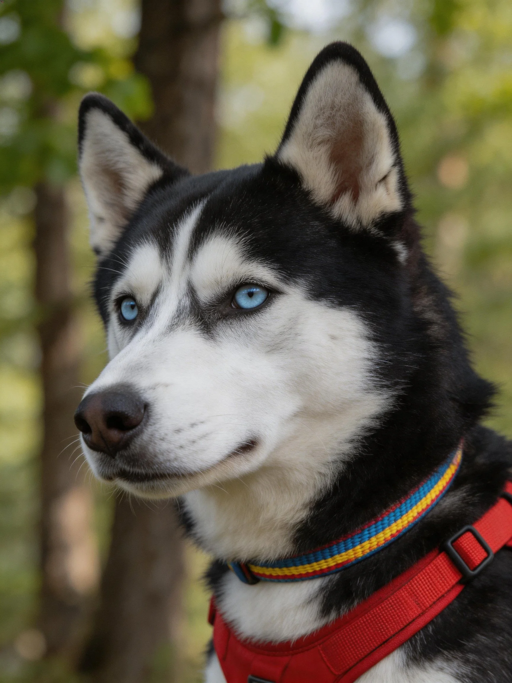 A Siberian Husky with blue eyes stands outdoors near trees.