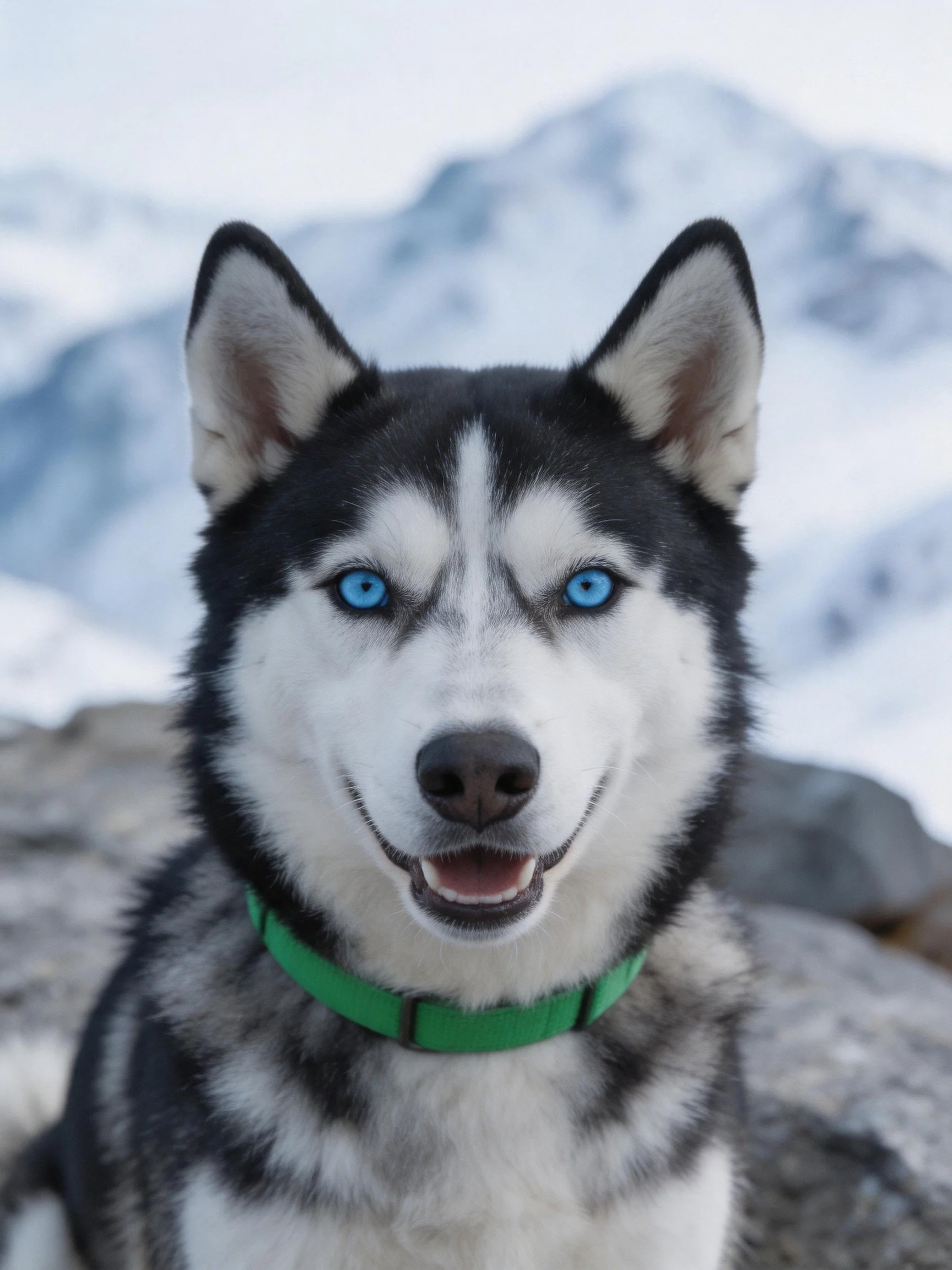A Siberian Husky with bright blue eyes and a green collar is positioned before snow - covered mountains.