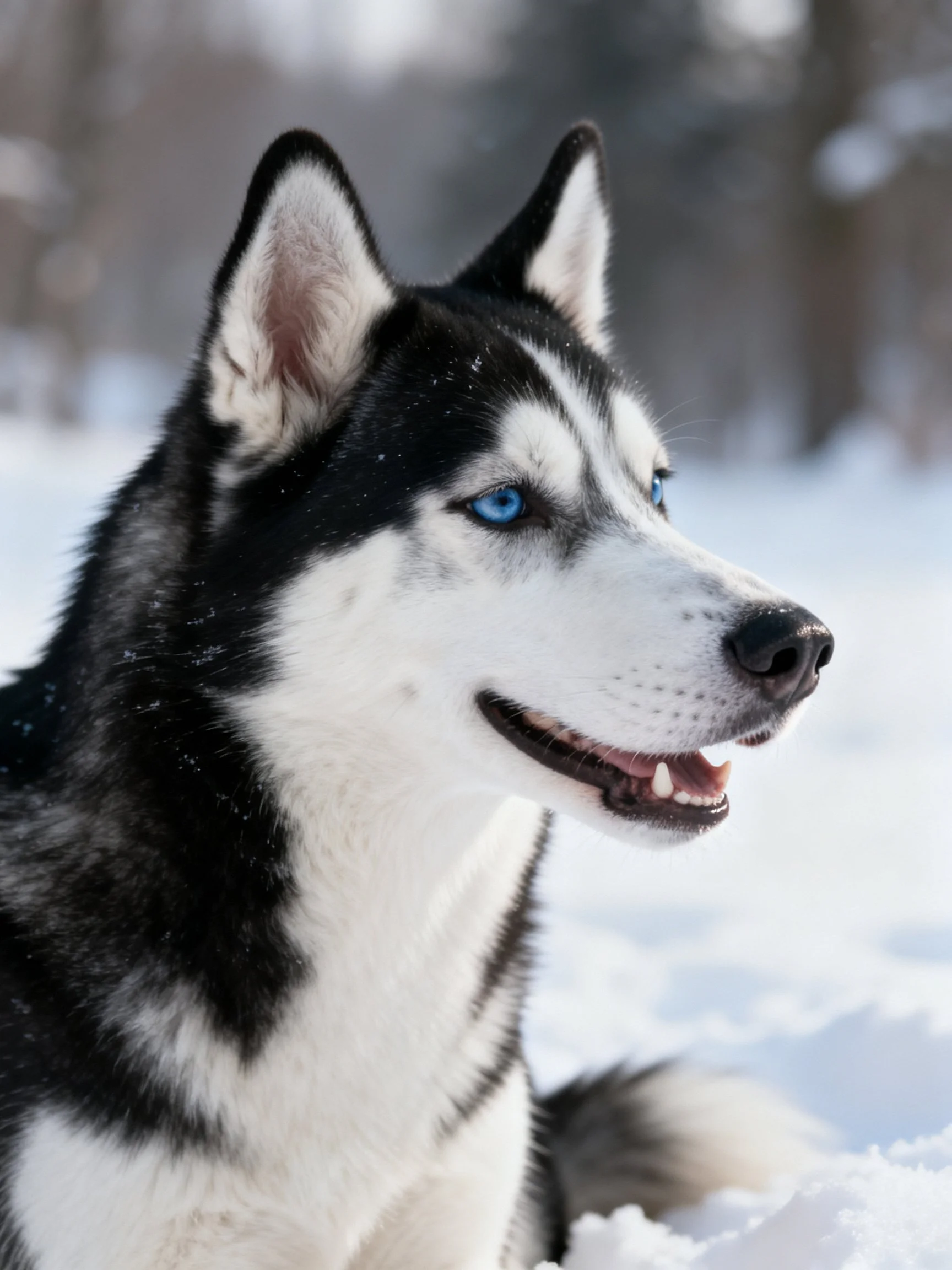 A black and white Siberian Husky with bright blue eyes in snow