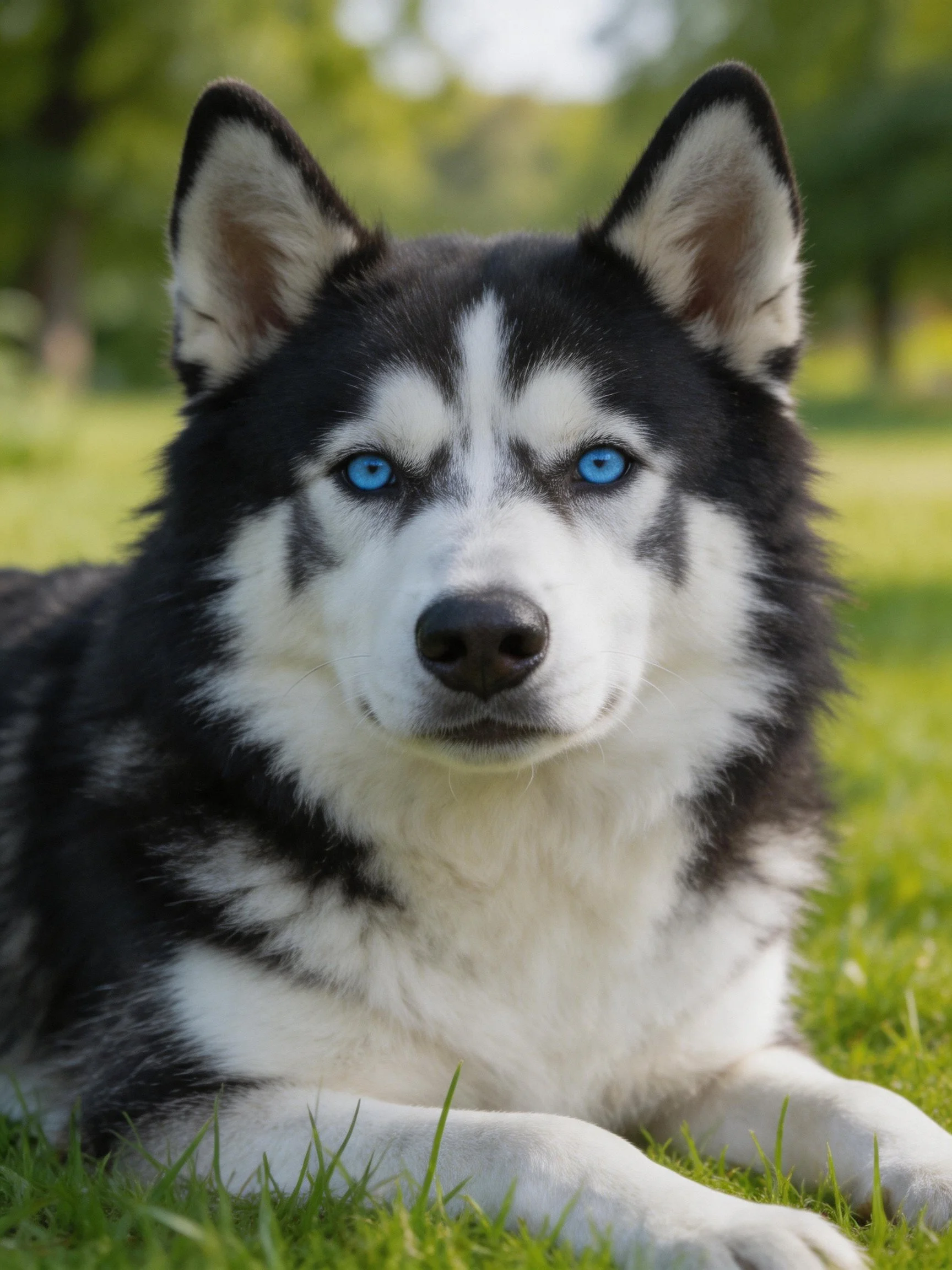 A black-and-white Siberian Husky with bright blue eyes resting on green grass