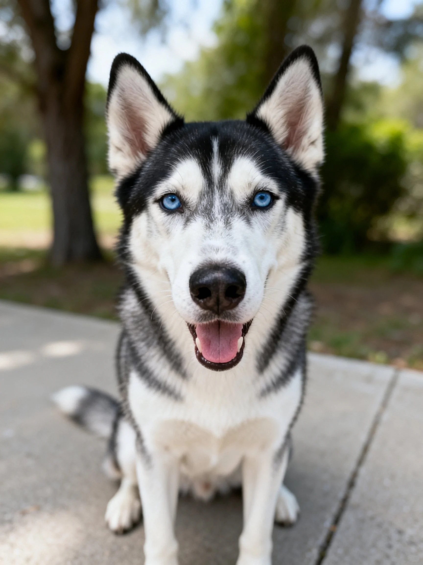 A black-and-white Siberian Husky with blue eyes sits happily on a concrete path.