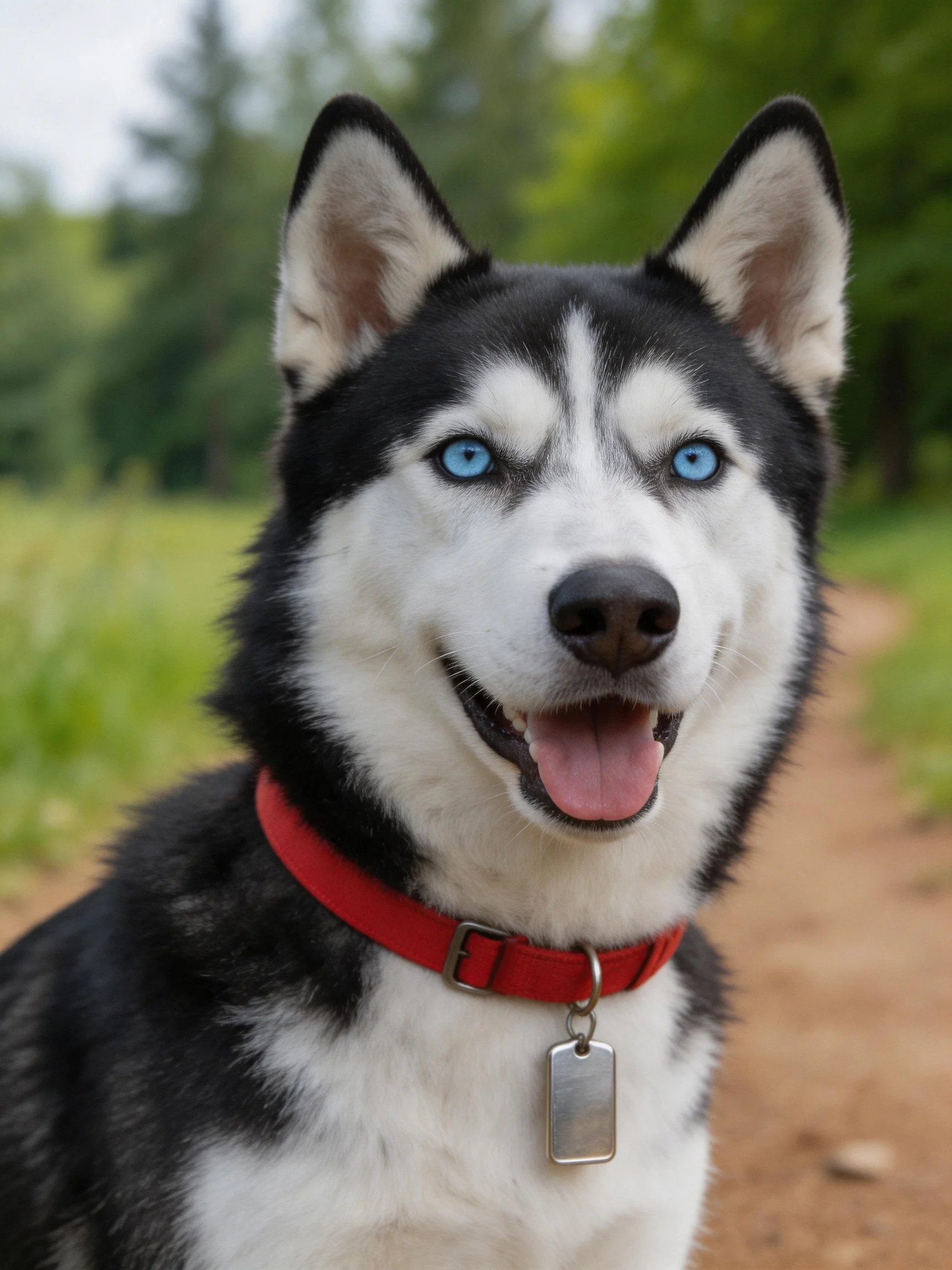 A black - and - white Siberian Husky with bright blue eyes wearing a red collar