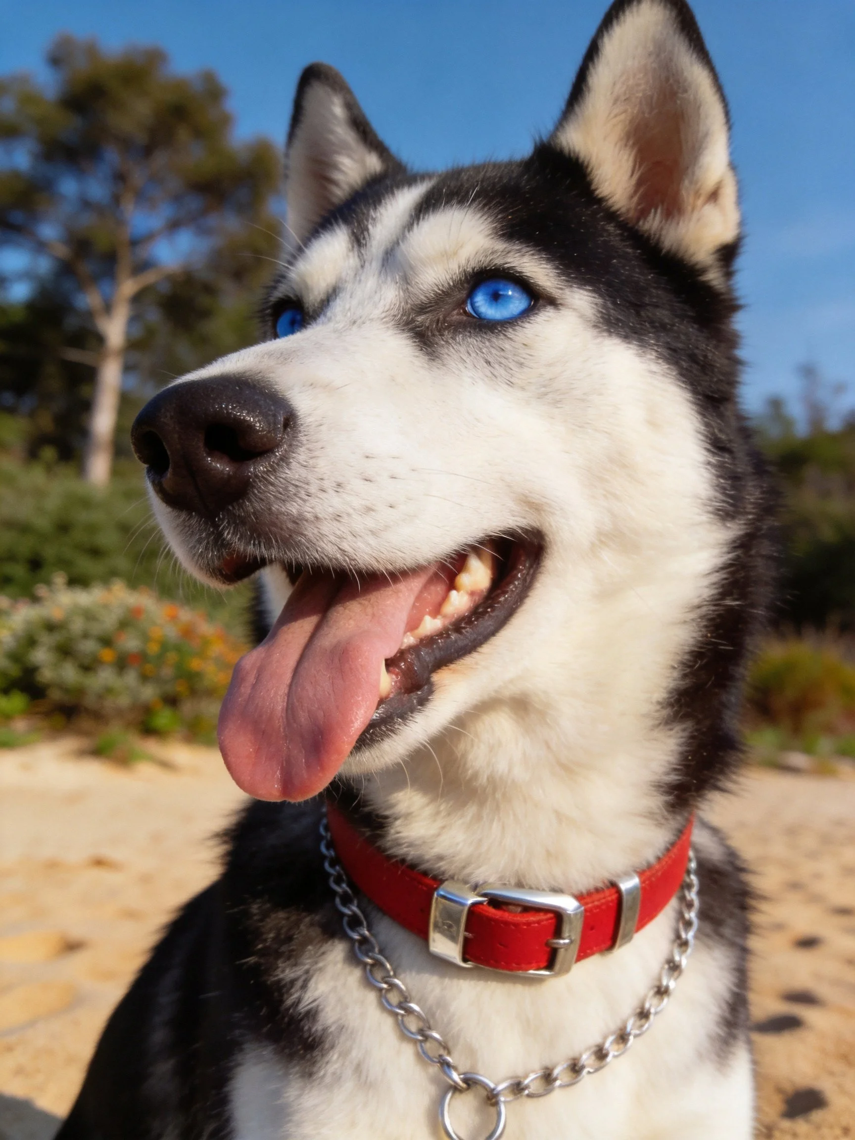 A black-and-white Siberian Husky with bright blue eyes wearing a red collar outdoors