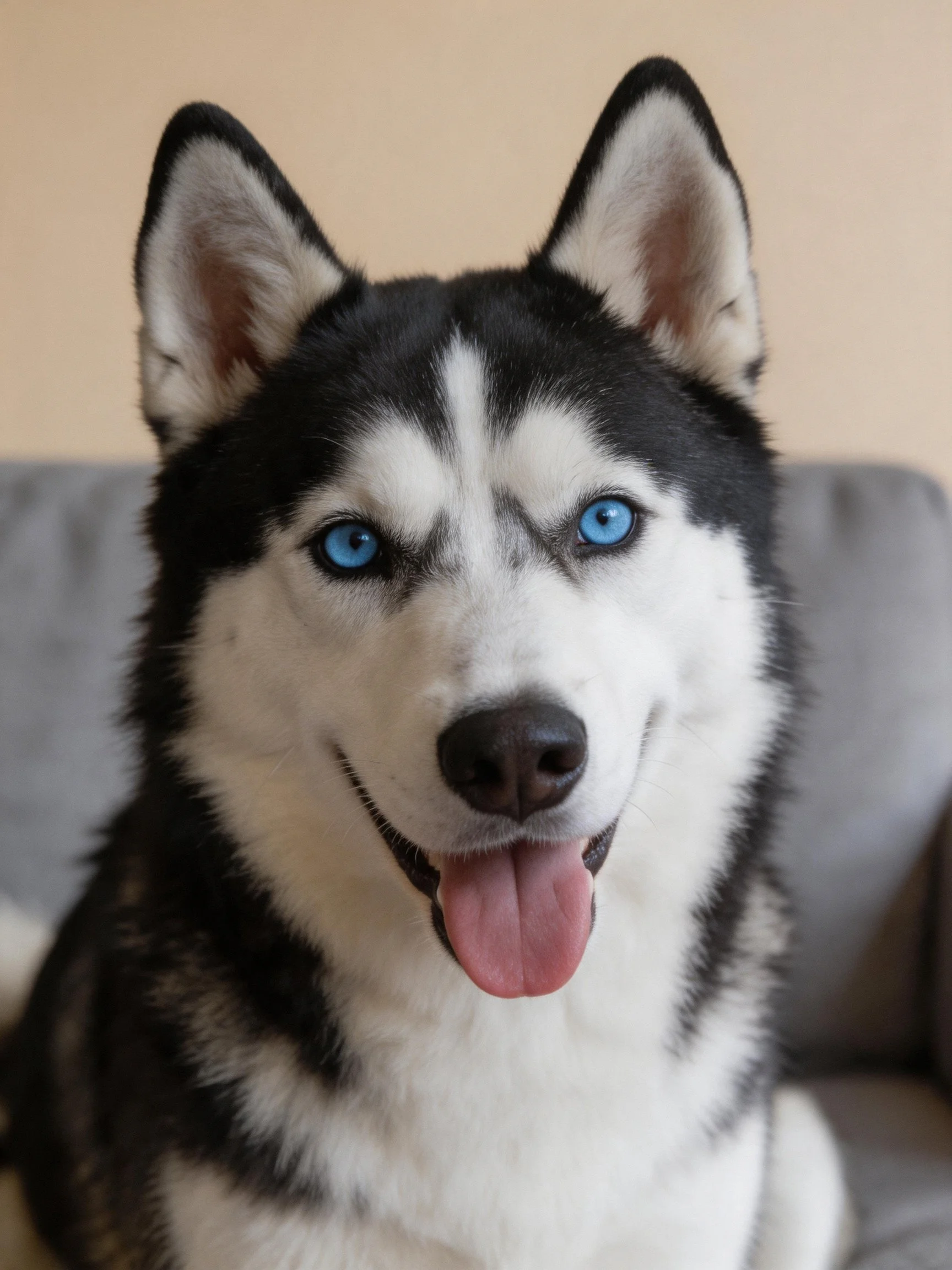 A black-and-white Siberian Husky with striking blue eyes sits on a gray couch