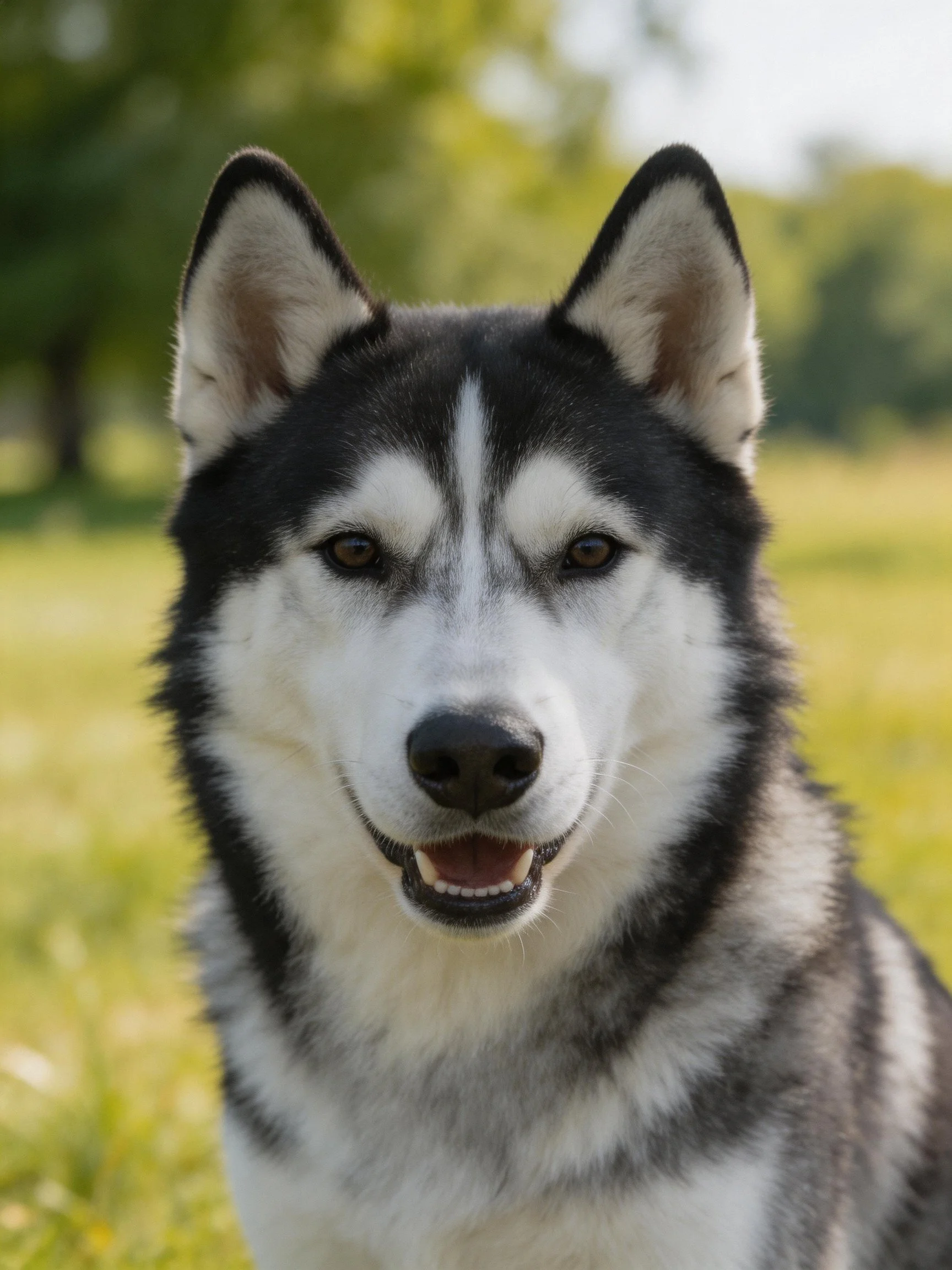 A black and white Siberian Husky with upright ears in a green field
