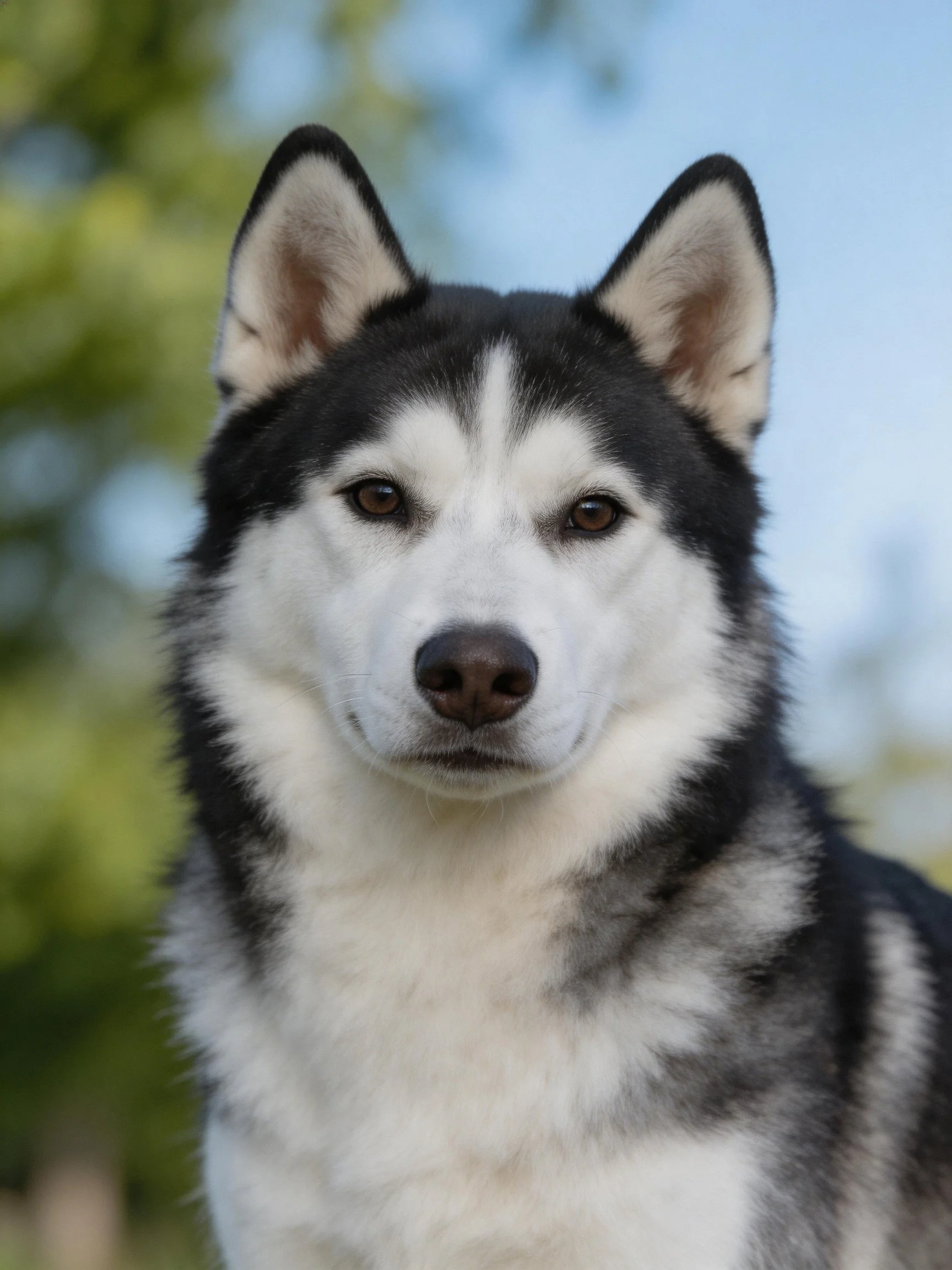 A black-and-white Siberian Husky with upright ears outdoors