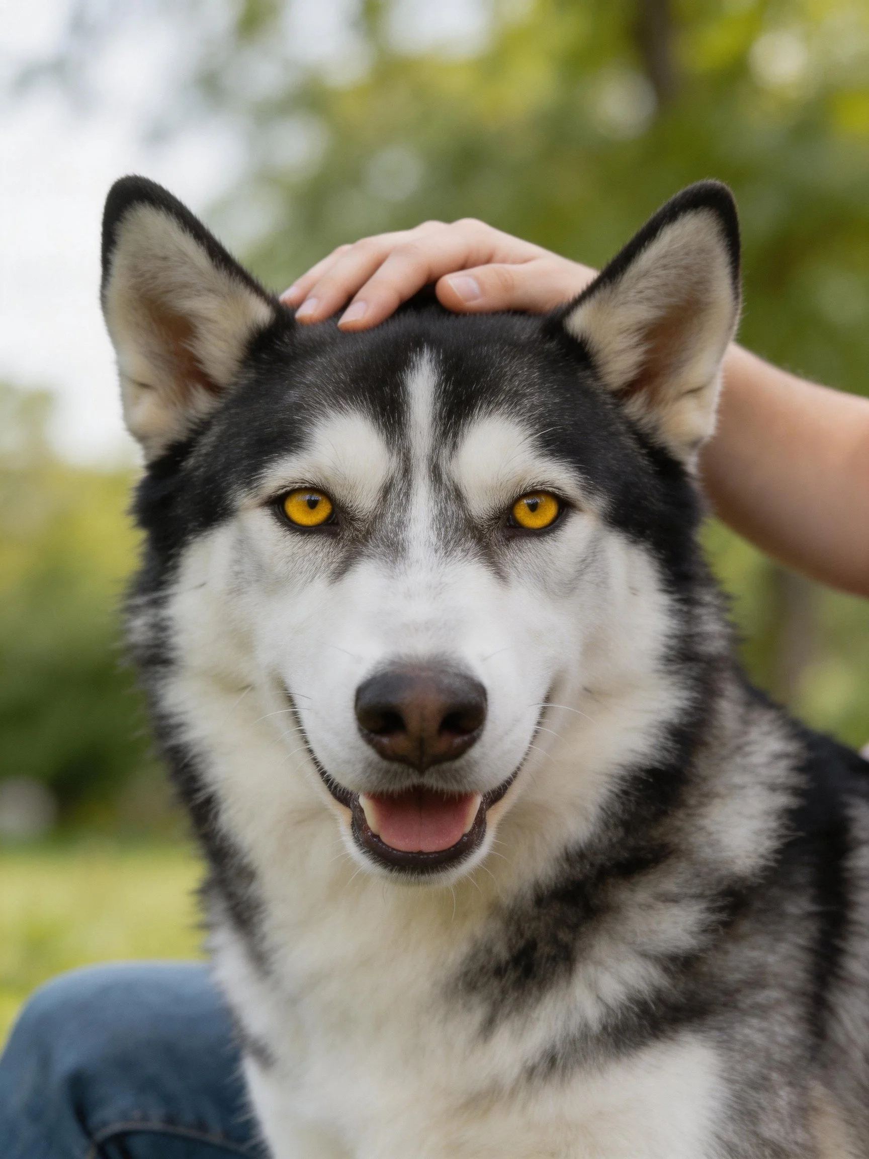 A Siberian Husky with yellow eyes is petted by a hand in an outdoor setting.