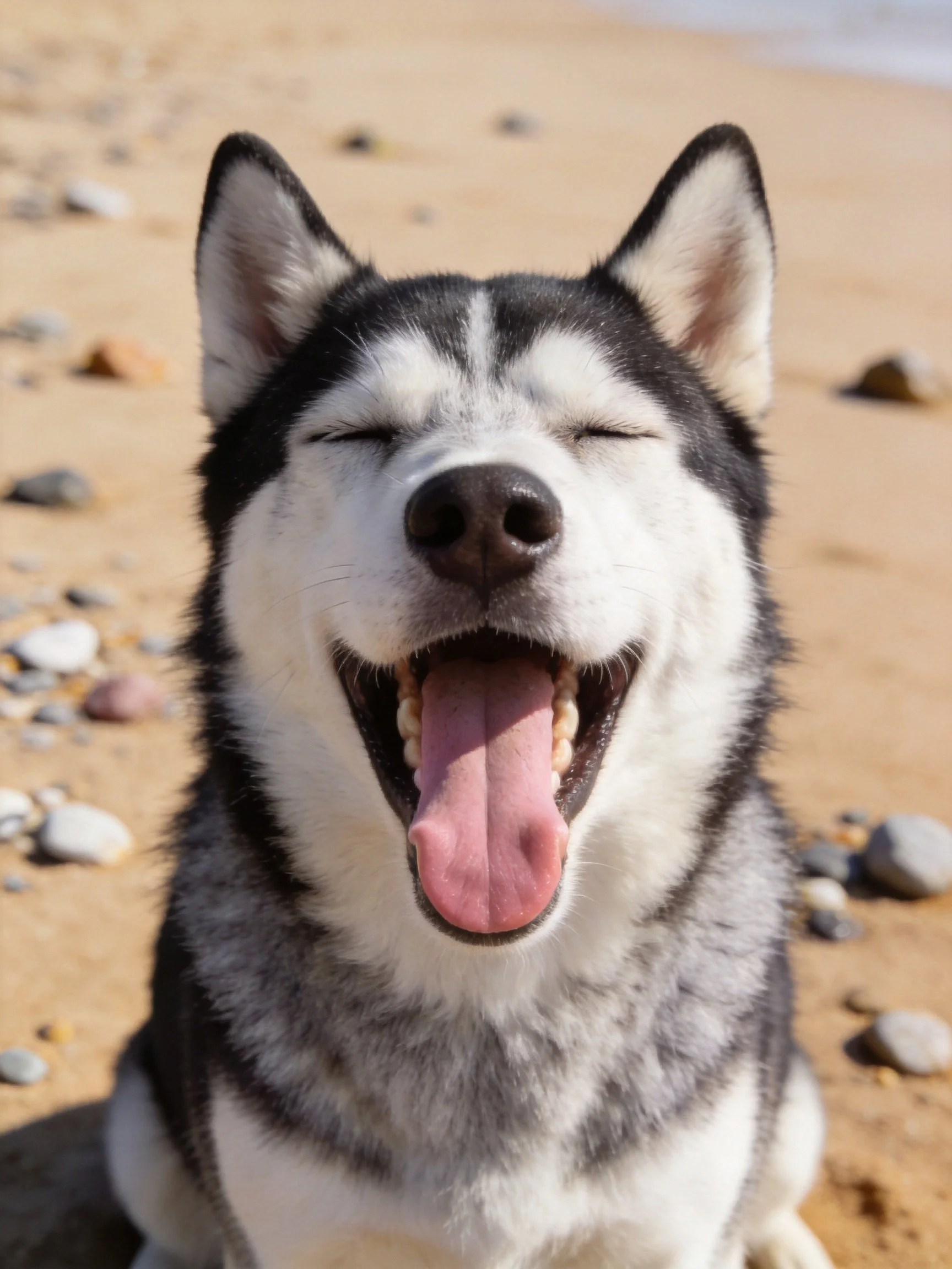 A black and white Siberian Husky yawning on a sandy beach